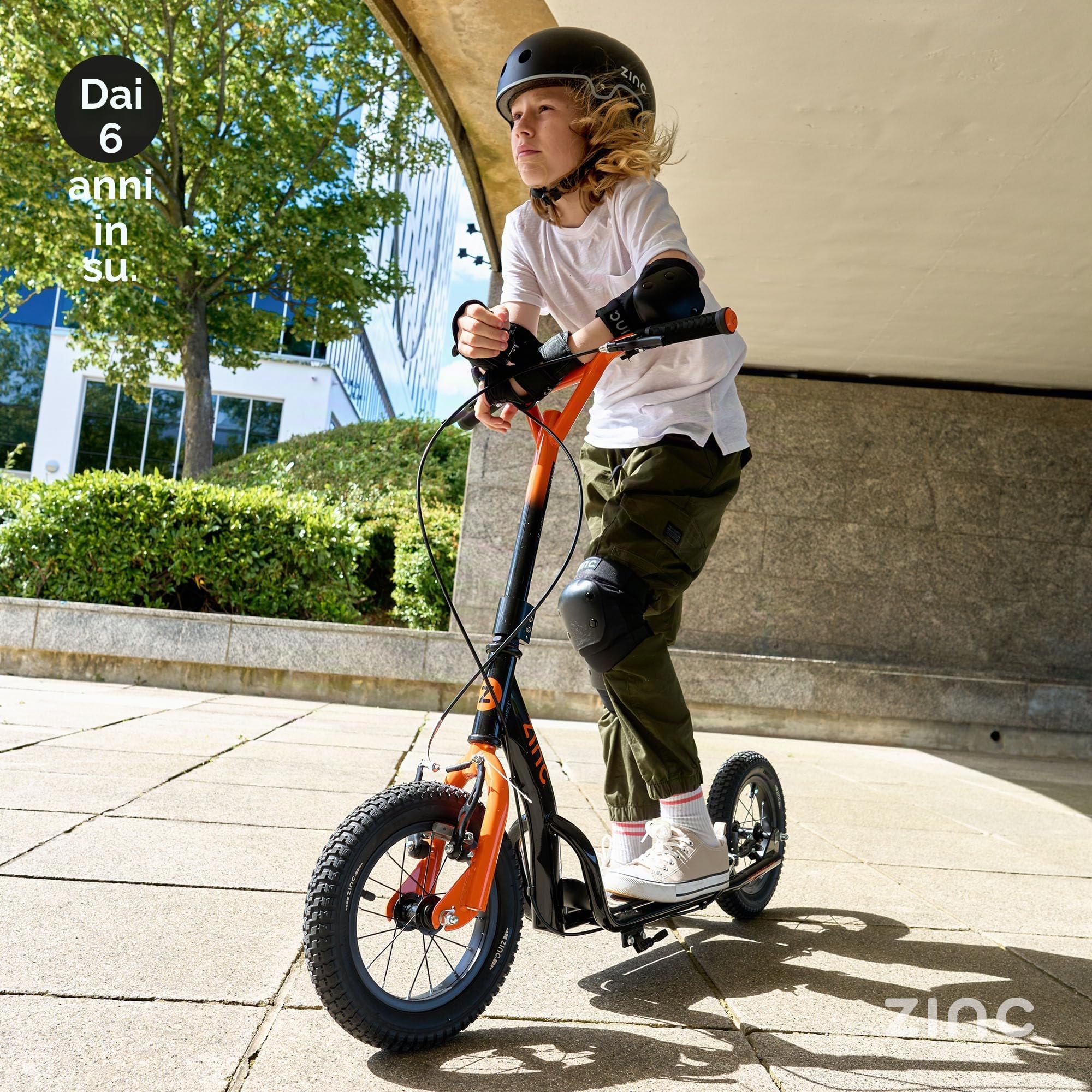 Zinc BMX Scooter for Kids Ages 6+ – 12 Inch Big Wheel Stunt Scooters with 360 Degree Handlebar Spin, Height Adjustable, Front & Rear Brakes, Steel Frame, Off-Road Tyres