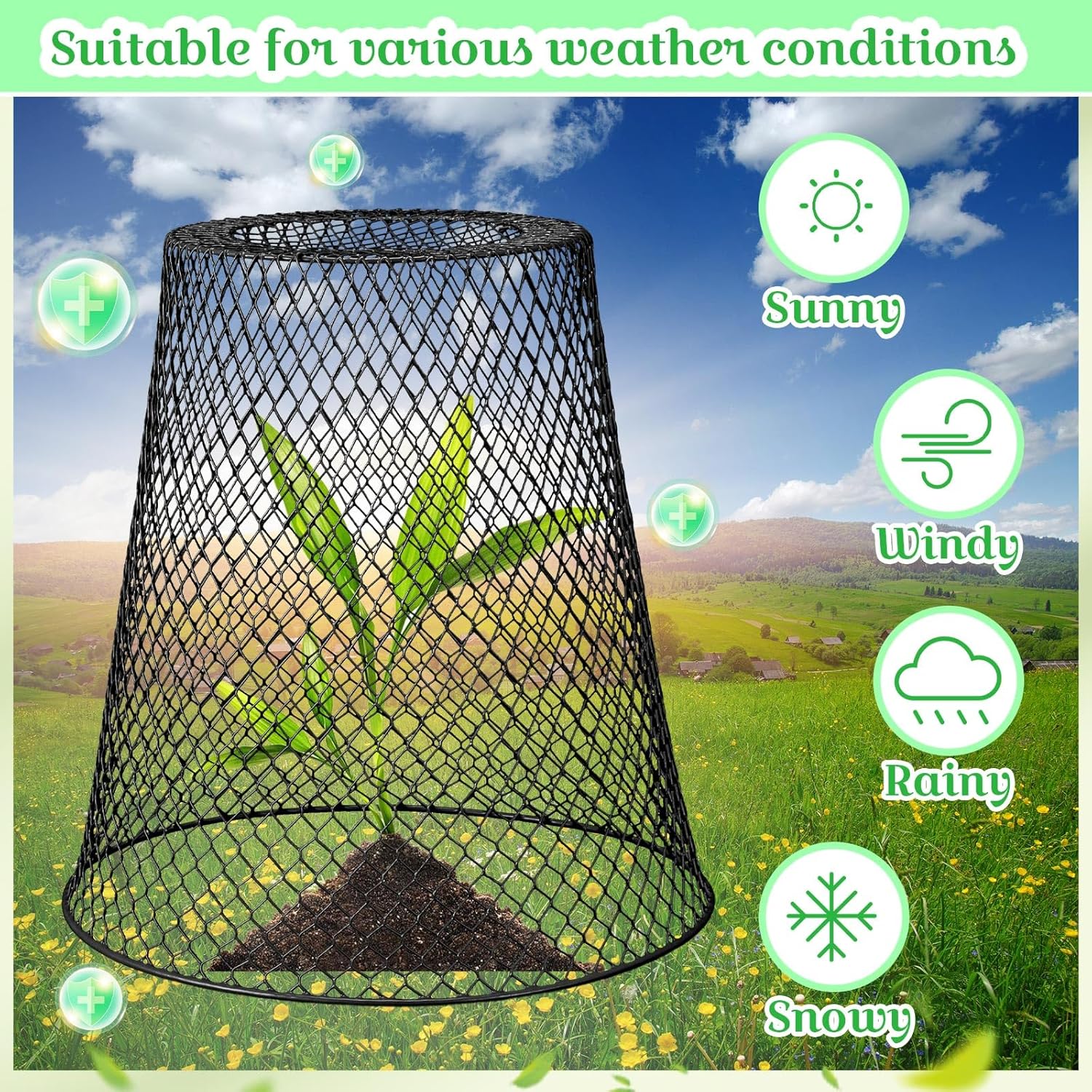 Therwen 15 Pcs Large Chicken Wire Cloche Plant Protector Cover 11x12 Inch Metal Garden Cloche Dome for Plants Wire Protection Basket with Garden Stakes Plant Cages from Animals (Black)