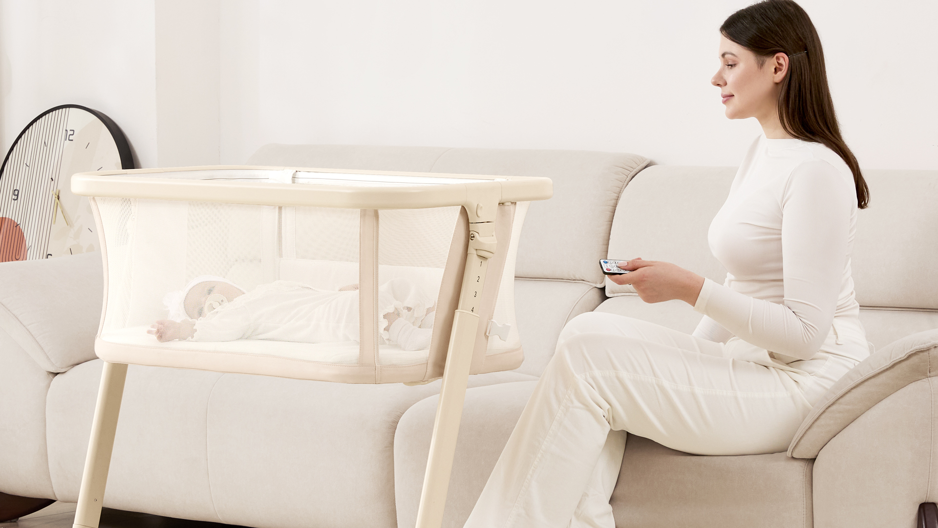 Bassinet assembly showing frame pieces and fabric