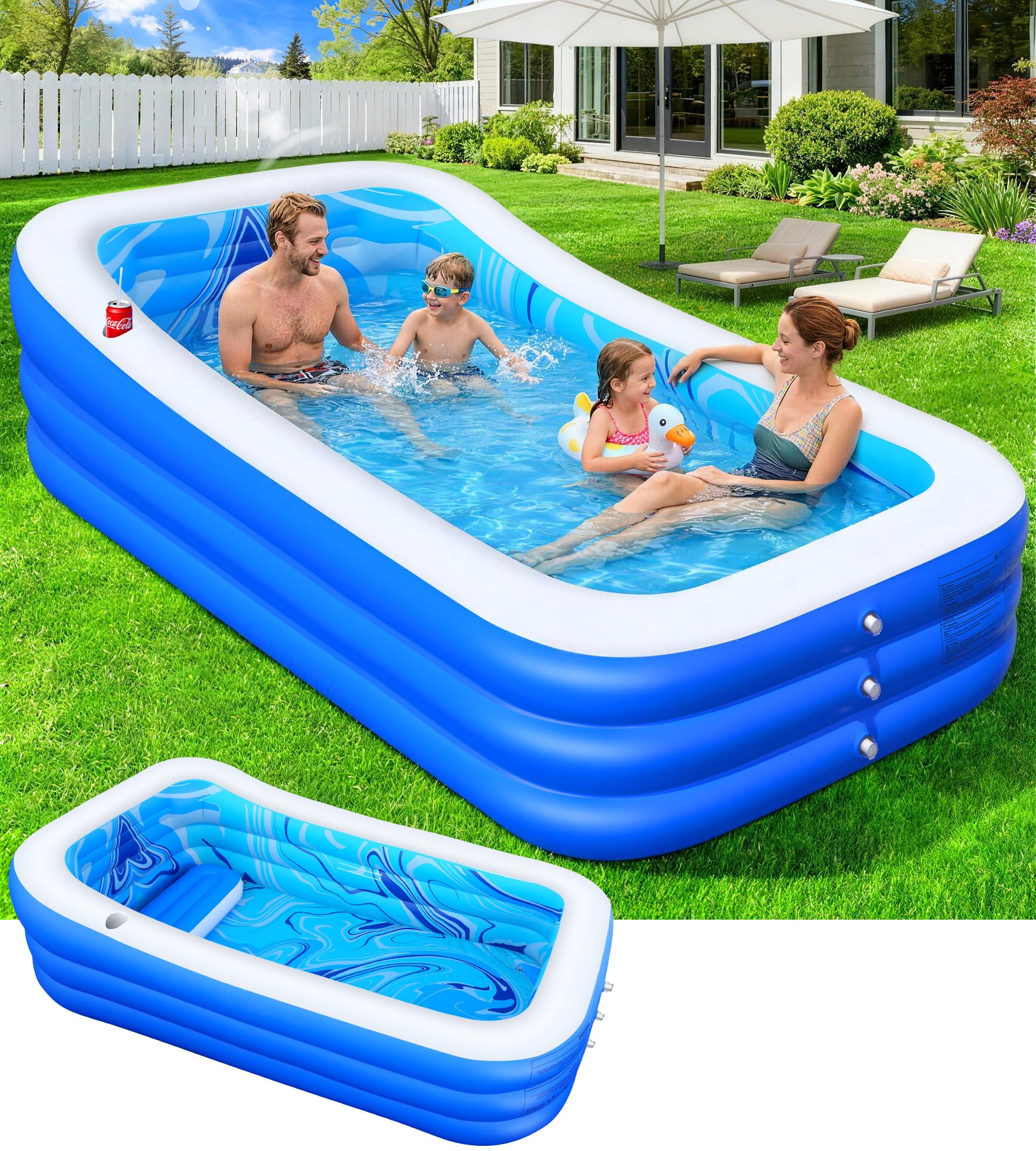 LuxBlue Piscina Hinchable Adultos, Piscina Inflable Familiar con Asiento y Respaldo, 0,5mm Espesor Grande Piscinas Hinchable Rectangular, 250*160*63cm Piscinas Insuflavel Adulto para Jardin Terraza