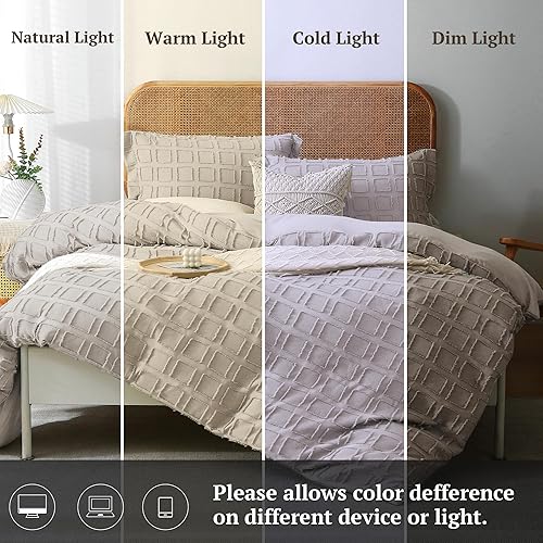 Miniatura 5 de MILDLY Juego de funda de edredón con tejido de gofre, tamaño King, color avena, 3 piezas, 100% microfibra lavada, suave y transpirable, texturizada,