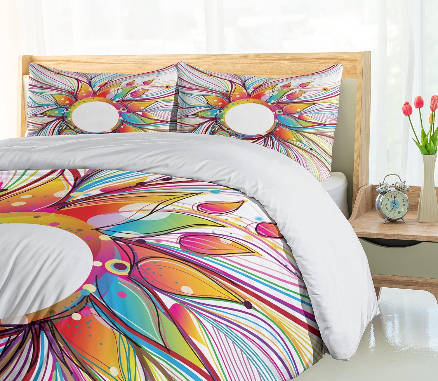 Ambesonne Abstract Duvet Cover Set, Absurd Vector Smoky Wavy Floral Design Rainbow Alike Stripes and Lines Print, Decorative 3 Piece Bedding Set with 2 Pillow Shams, Queen Size, Magenta Multicolor