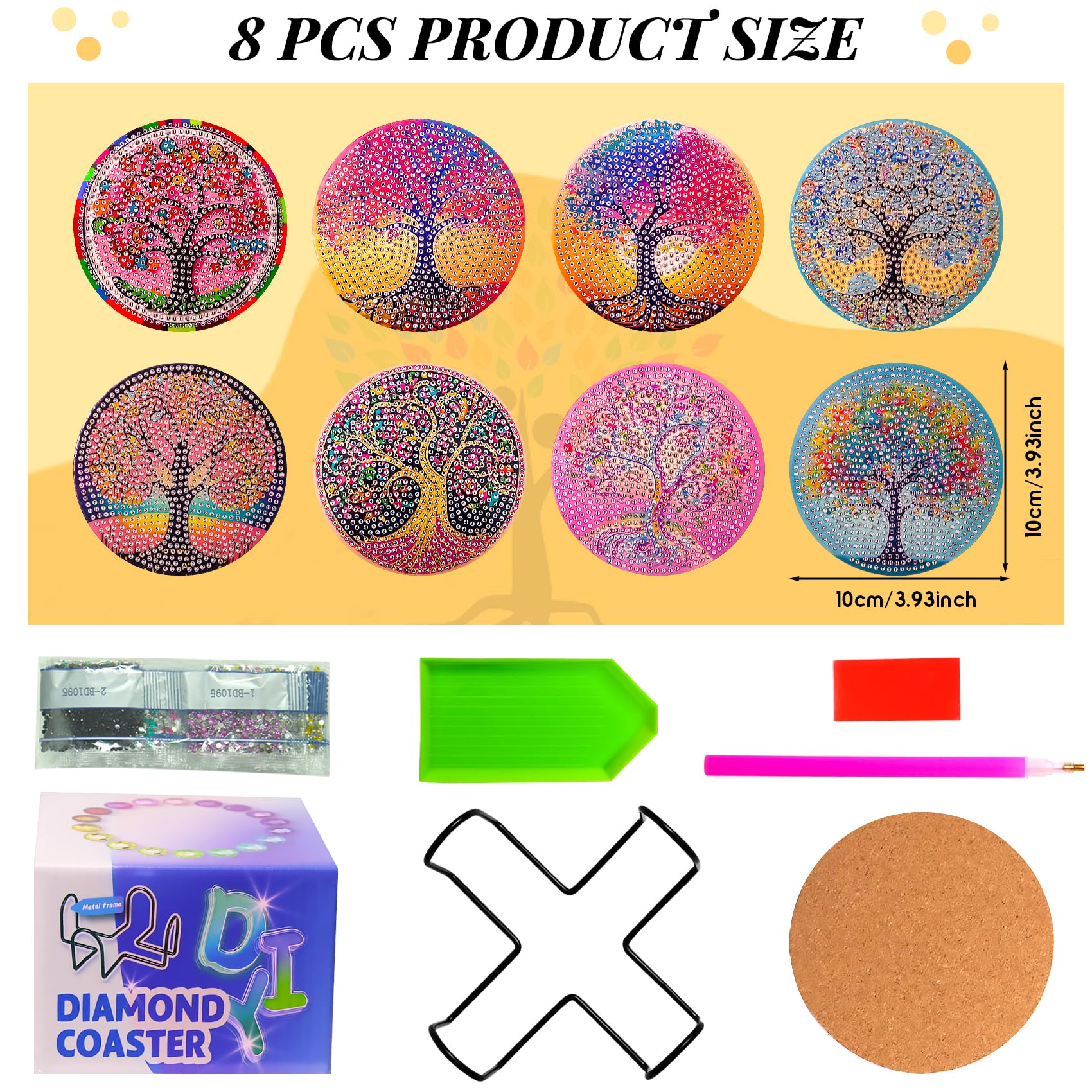 Bellatoi 8 Pcs Diamond Painting Dessous De Verre Fleur, Coaster De Peinture Diamant Avec Support, Sous-Verres De Peinture 5D Diamant Pour Tasses, Verres Vin, Vases Et Cuisine à Domicile, Cadeaux