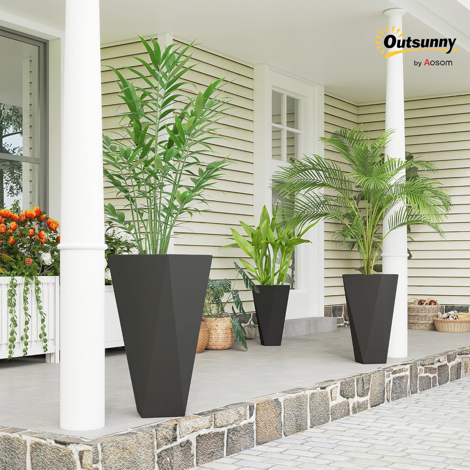 Outsunny Set of 3 Tall Planters, 28.75", 24.5", 20.5", MgO Indoor Outdoor Planters with Drainage Holes, Stackable Flower Pots for Garden, Patio, Balcony, Front Door, Black