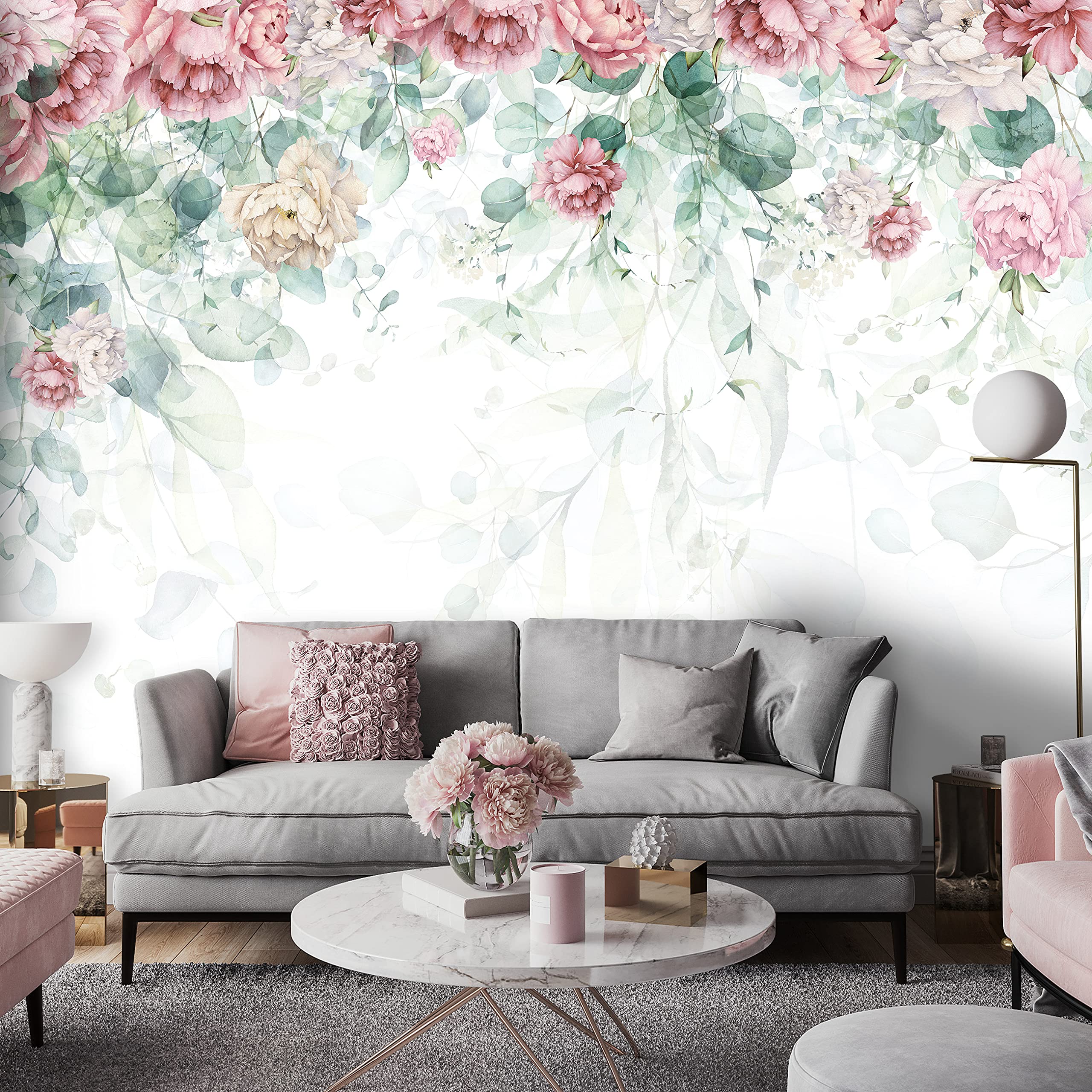 WallArena Carta Da Parati Fotografica Fiori Foglie Verde Rosa - Include Colla - Moderna Design Carta per Pareti Soggiorno Camera Da Letto Sala Fotomurali In Tessuto Non Tessuto TNT (368x254 cm)