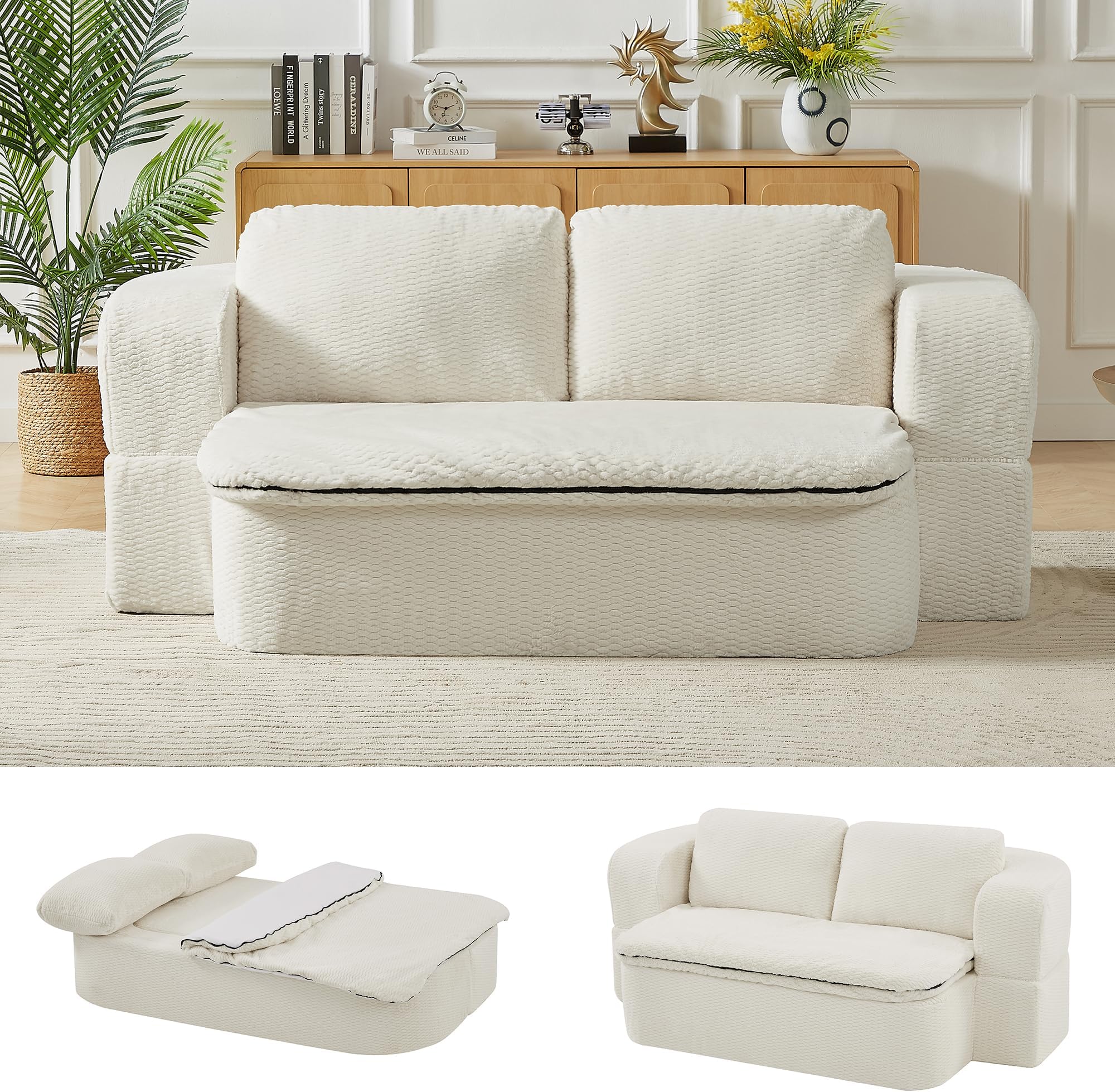 74.8" Convertible Foldable Sofa Bed with Functional Blanket and 2 Soft Pillows, 2-in-1 Fabric Loveseat Sofa Couch with Deep Seat, Curved Sleeper Couch Bed for Living Room, White