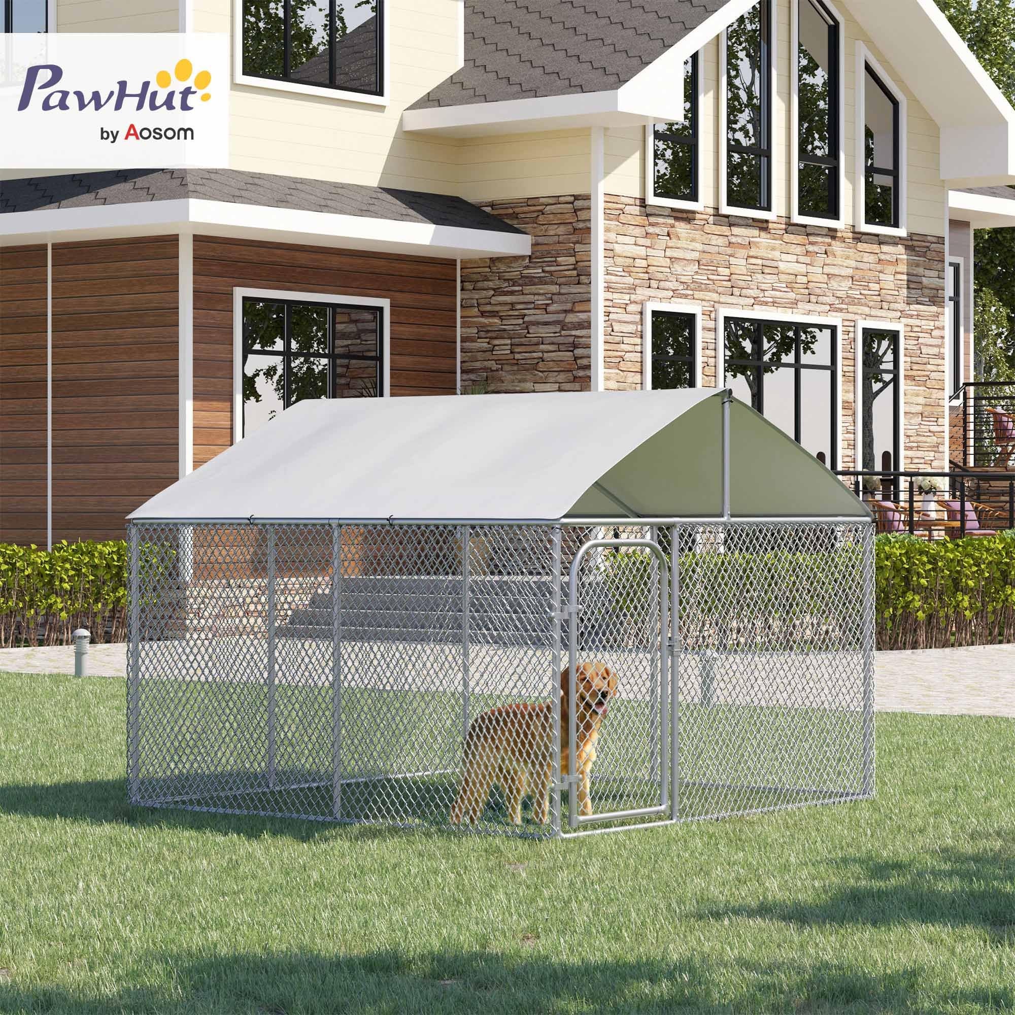 PawHut Chenil extérieur avec Toit pour Chien 5 m² - Parc grillagé 230 x 230 x 175 cm - Espace Couvert - Acier galvanisé