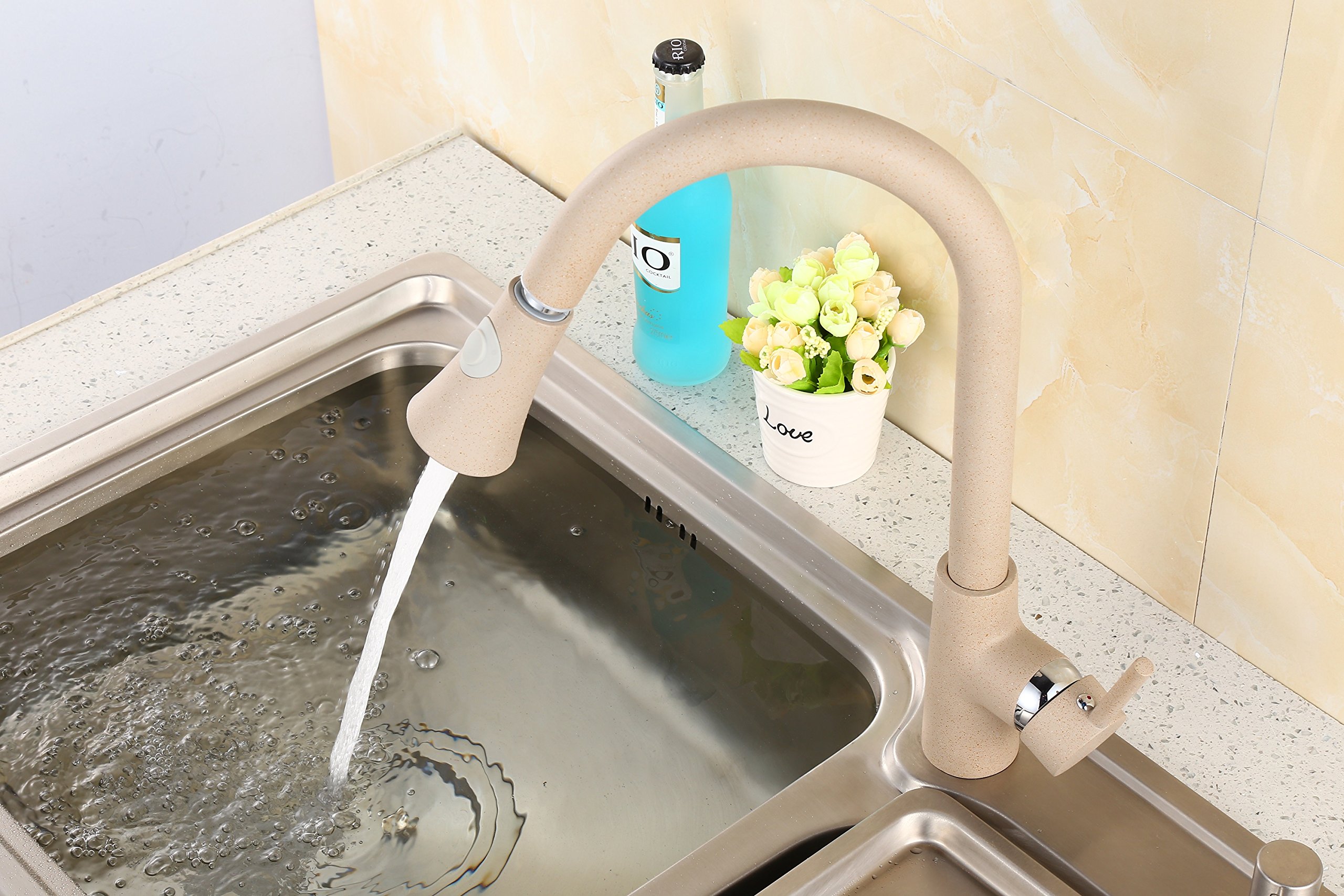 ZXC Hochdruck Profi Küchen Armatur Einhand Mischbatterie mit ausziehbarer Brause in Granit Beige