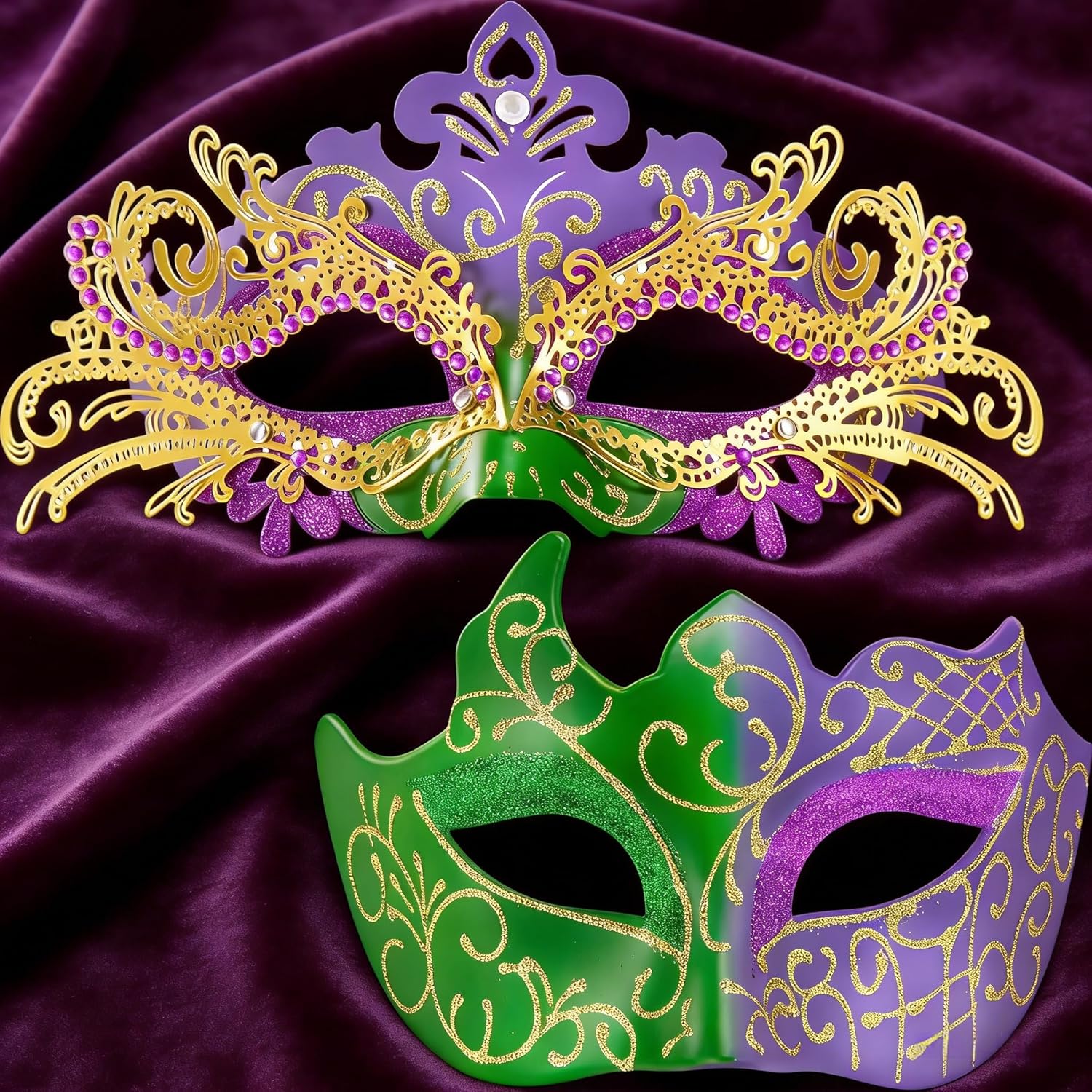Masquerade Masks For Couples, Venetian Style Masks For Mardi Gras Decorations, Women & Men Masks For Costume Party, Prom & Carnival (Green Purple) - Image 4