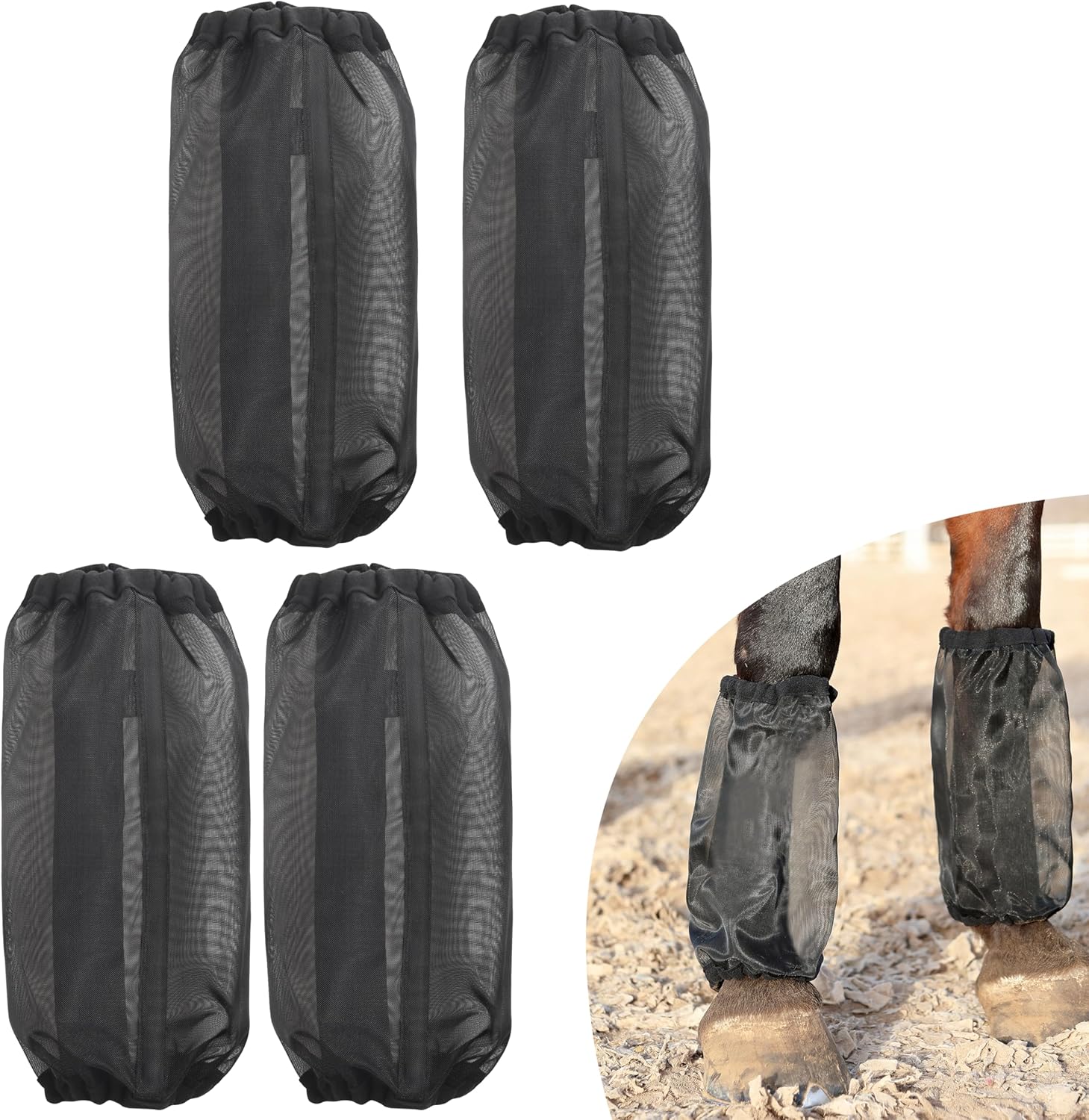 Equine Protective Mesh Leggings & Fly Boots Breathable UV Protection, Non-Slip Fit, Set of 4 (Black)