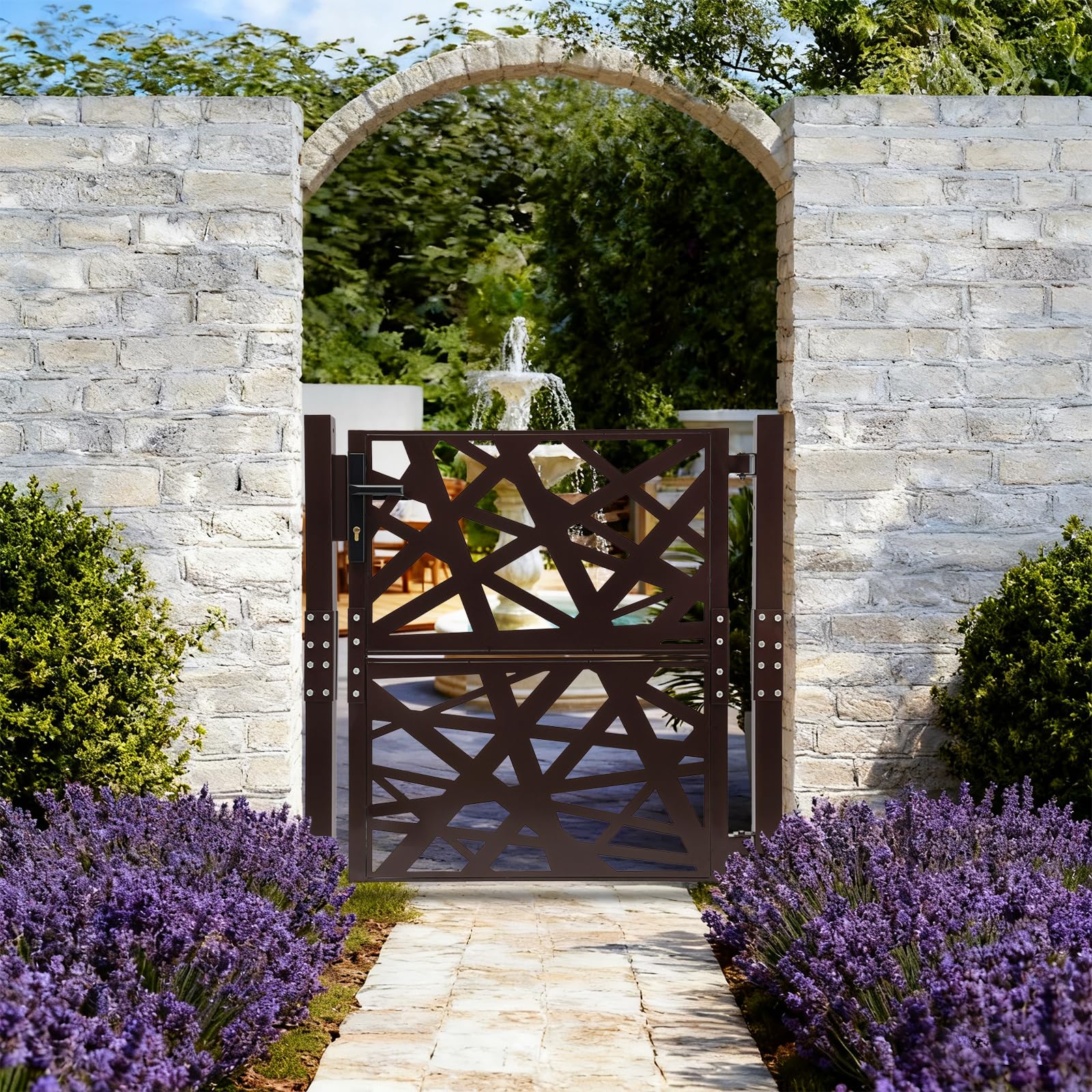Cancello da giardino, 105 x 100 cm, in acciaio, con angolo di rotazione di 180° e 7 chiavi, antiruggine, per cancello del cortile (marrone)