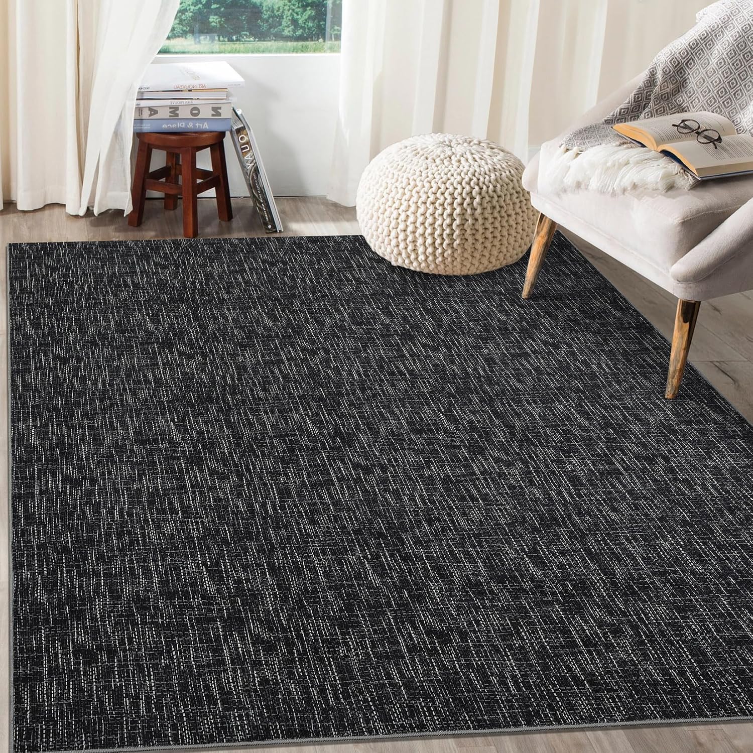 8x10 Washable Rug for Living Room Non-Slip Modern Abstract Area Rug Stain Resistant Large Bedroom Rug Contemporary Accent Throw Floor Carpet Solid Rug for Dining Room Home Decor, Black Black 8'x10'