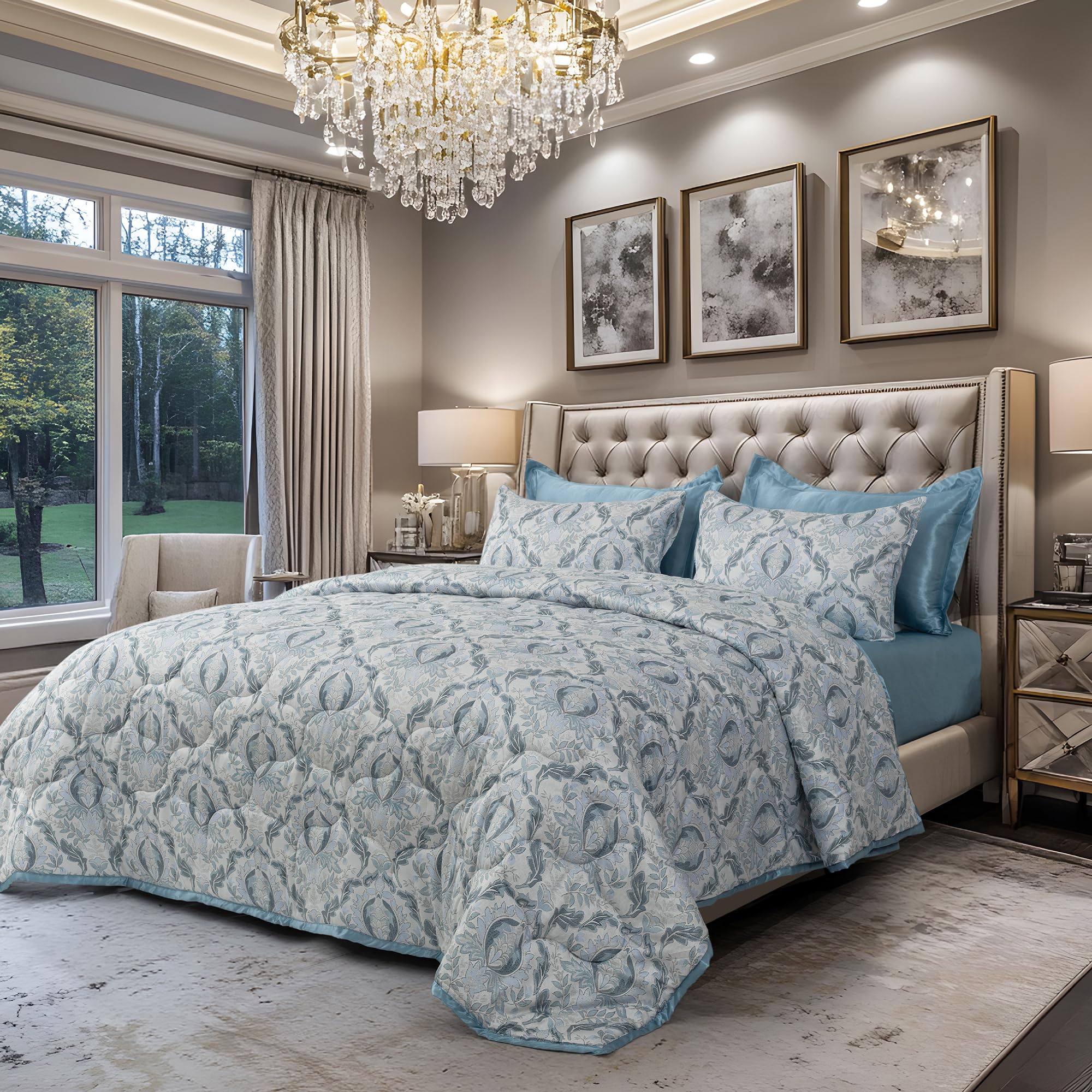 Elegant Damask Print Bamboo Comforter Set, 100% Bamboo Fibre 200TC, Ultra-Soft, Naturally Cooling & Breathable, Pillow Covers with Contrast Piping All-Season for Bed (Blue - 90x100 Inch)-picture-19