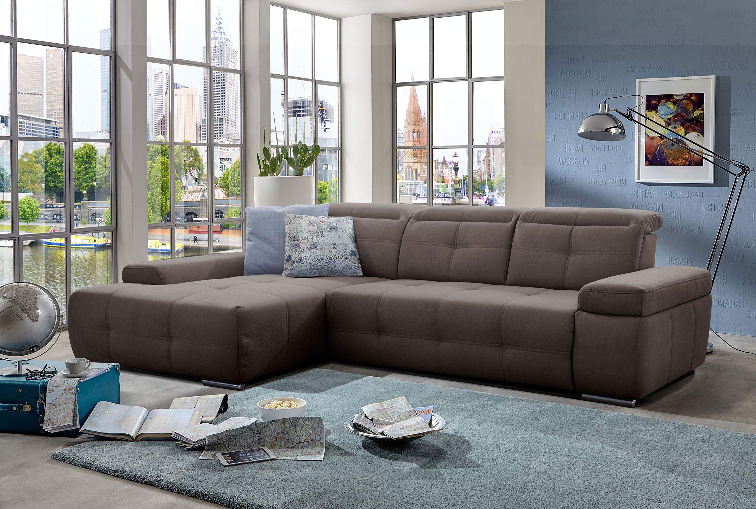 Cavadore Divano Angolare Mistrel Con Letto E Poggiatesta - Rivestimento Soft Clean Grigio Scuro - Dimensioni 343x228 Cm