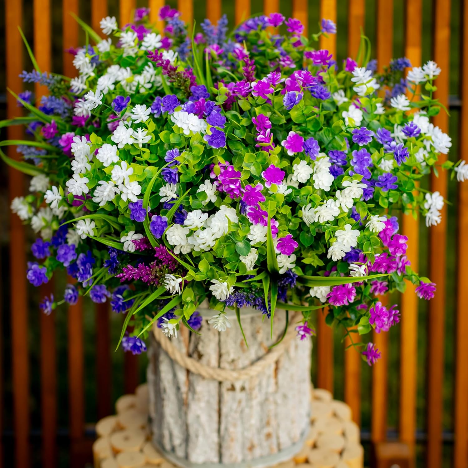 AXYLEX Artificial Flowers for Outdoors Fake Plants - 12 Bundles Faux Outside Greenery Boxwood No Fade Plastic Shrubs Home Decor Farmhouse Garden (Mixed, 3 Colors Magenta Purple White)