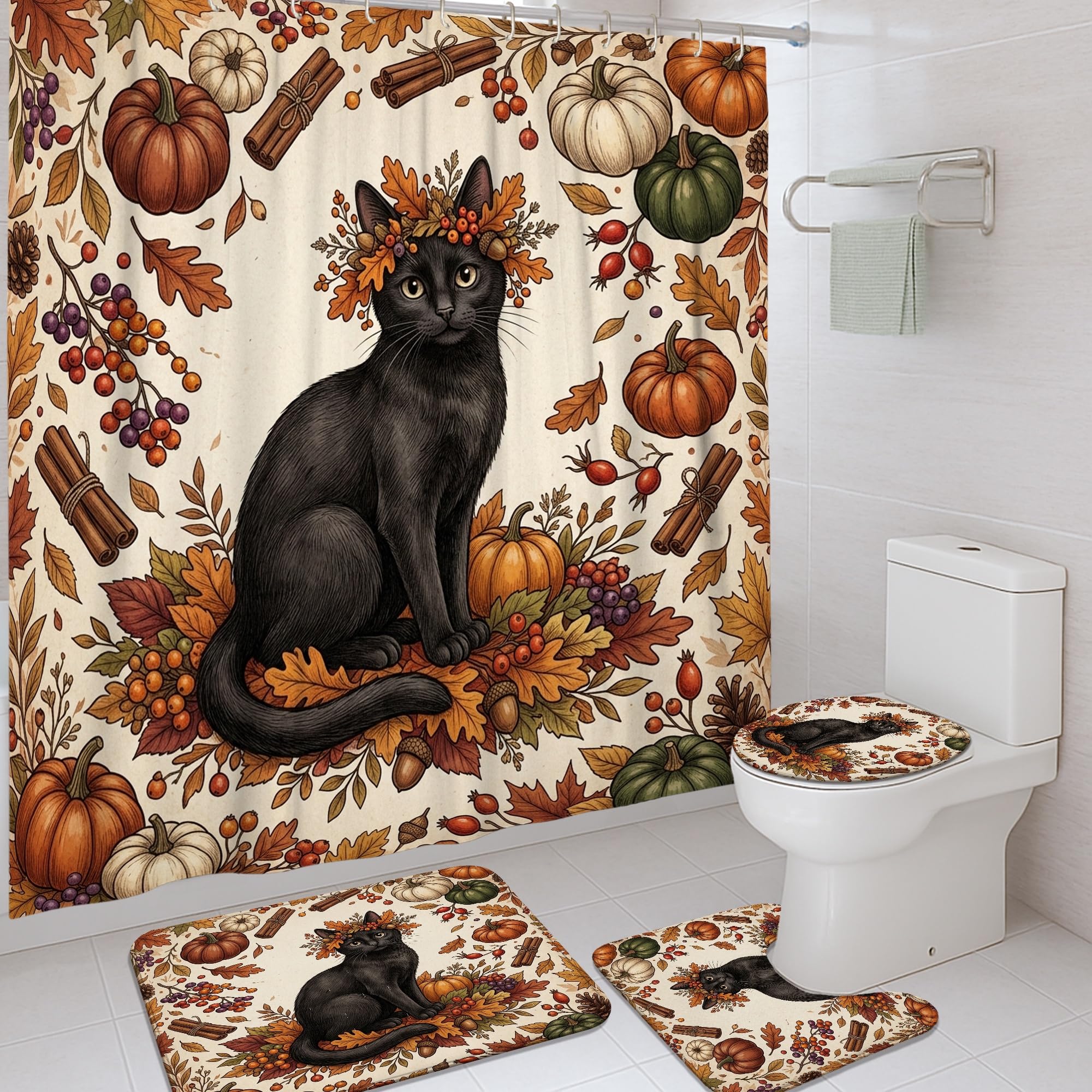 Rideau de douche en tissu imperméable motif chat citrouilles d'automne noir 183x183