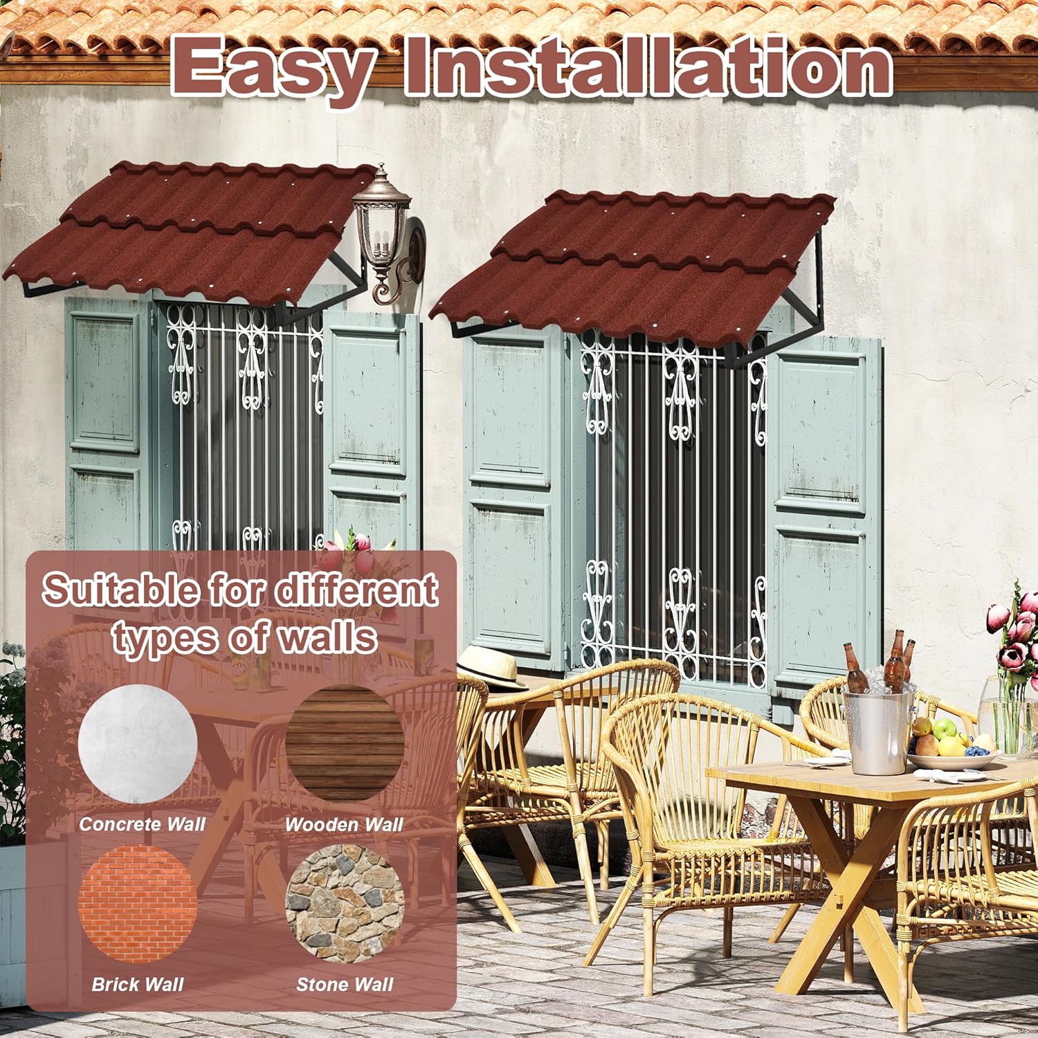 Fixed Metal Awning for Door Entrance 52 in W x 31 in H Triangle Steel Frame with Color Stone Metal Tile Shaped Awning Window Awnings Exterior (Red)