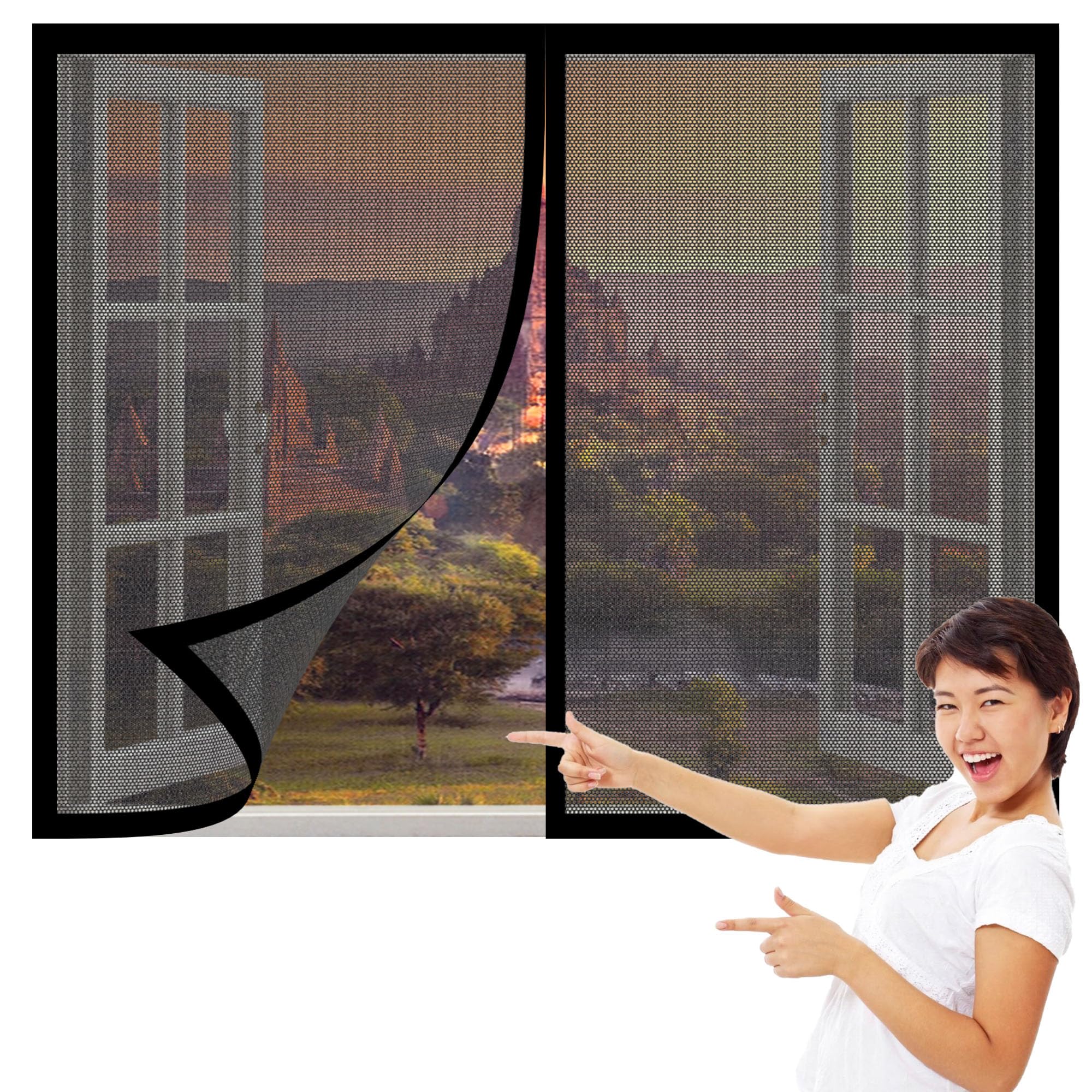 Wruijio Black Magnetic Fly Screens Windows 160 X 165 Cm With Selfadhesive High Quality Window Screen With Installation Accessories For Home, Office, Bedroom, Living Room Kitchen,