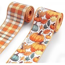 Fall Wired Ribbon 2 Rolls 10 Yards Pumpkin Maple Leaf Orange Plaid Ribbons for Crafts Bows Wreaths Halloween Thanksgiving Autumn Harvest Decoration 2.4 Inch Wide