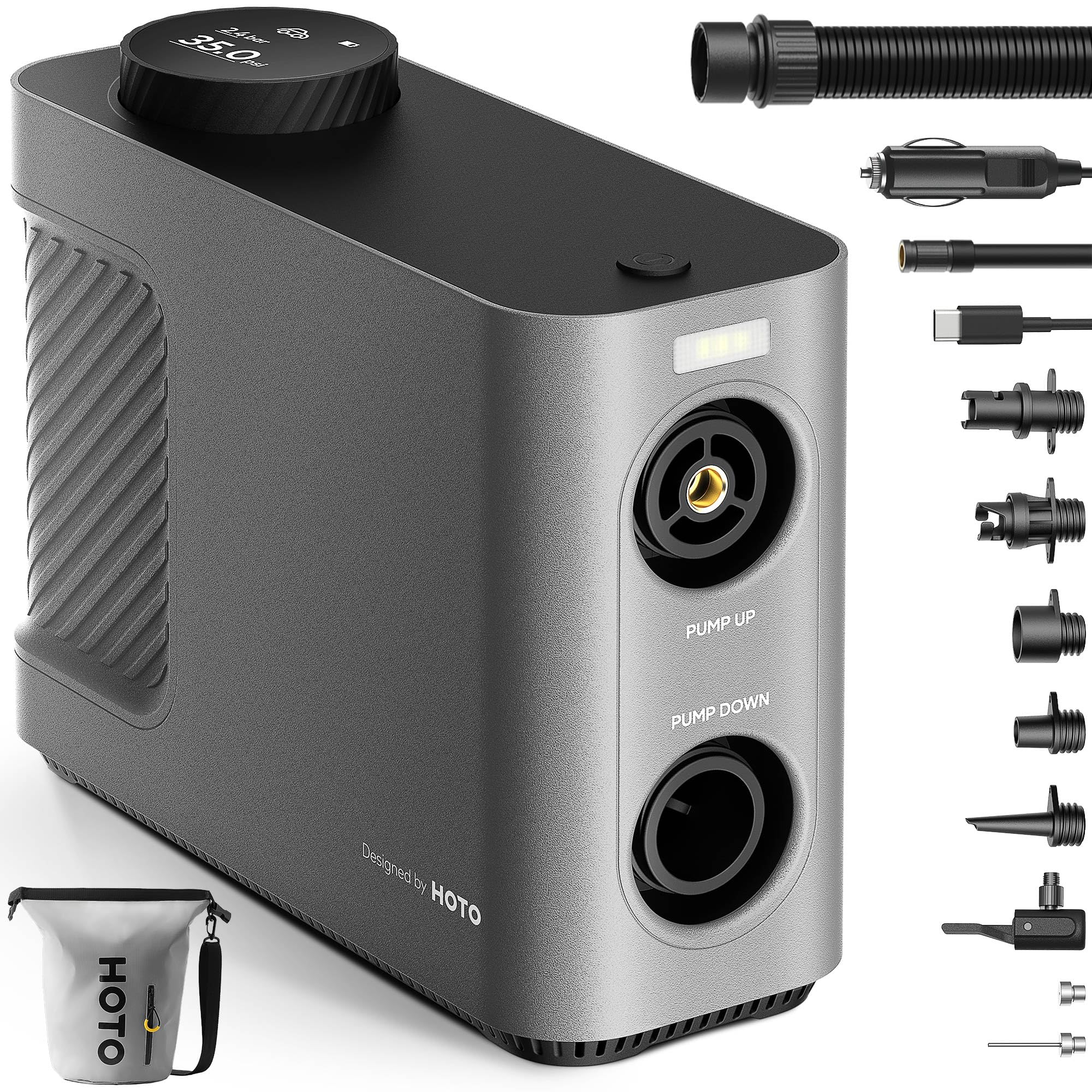 HOTO Compressore Aria Portatile Master, Compressore Portatile Senza Fili Per Auto e Bici, Pompa Elettrica Alimentazione Per Gonfiabili Da Piscina, Materassini Ad Aria, Kayak, Tende, Paddle Board e SUP