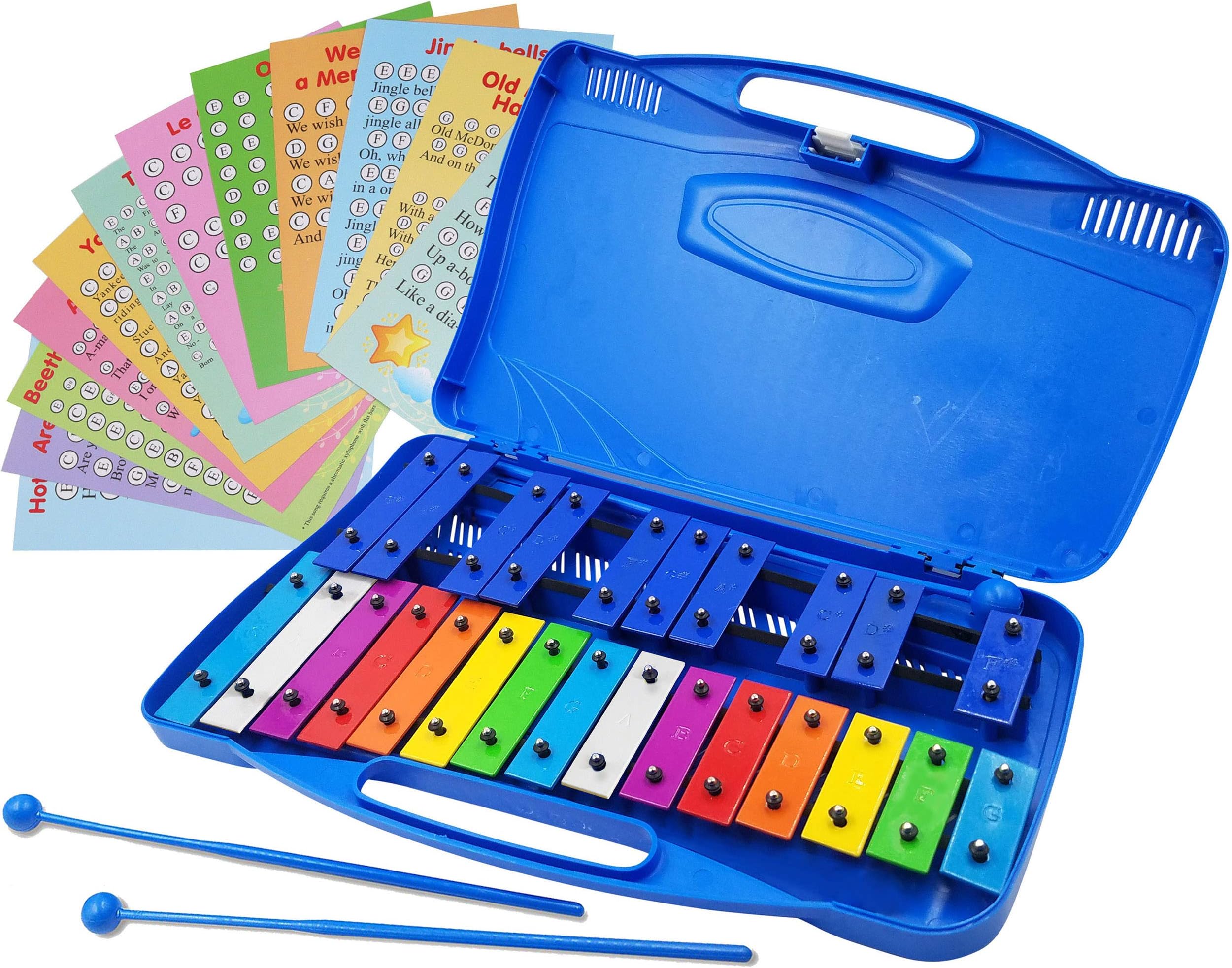 inTemenos Xylophone 25 Note Colorful Chromatic Glockenspiel in Case Clear Tuned Metal Keys - Card Set w Songs
