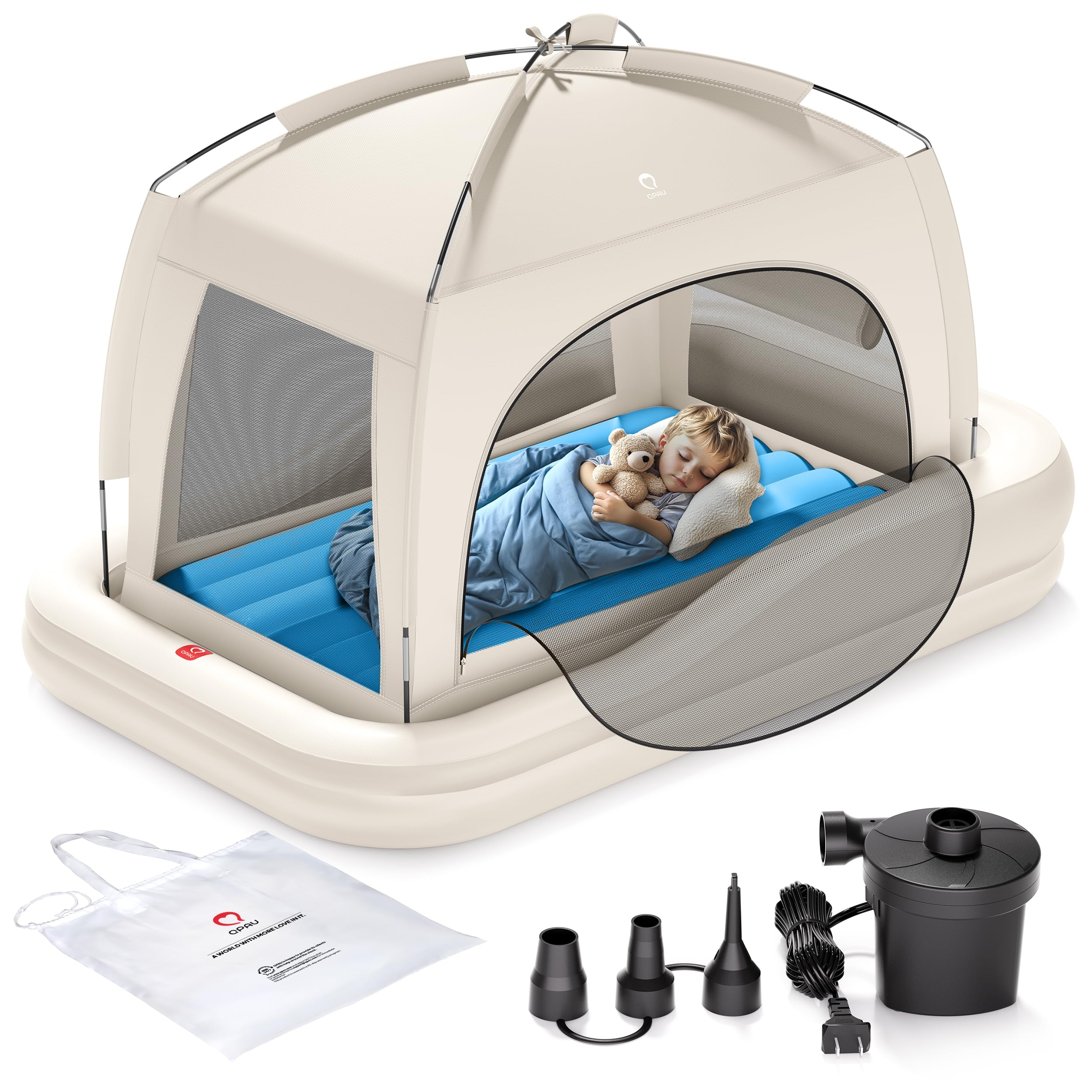 QPAU Inflatable Toddler Travel Bed, color caqui y azul
