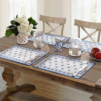 Newbridge Rectangle Fabric Placemats - Set of 4, Mykonos Blue Mediterranean, Indoor/Outdoor, Stain Resistant, No-Iron, Blue Tile Border