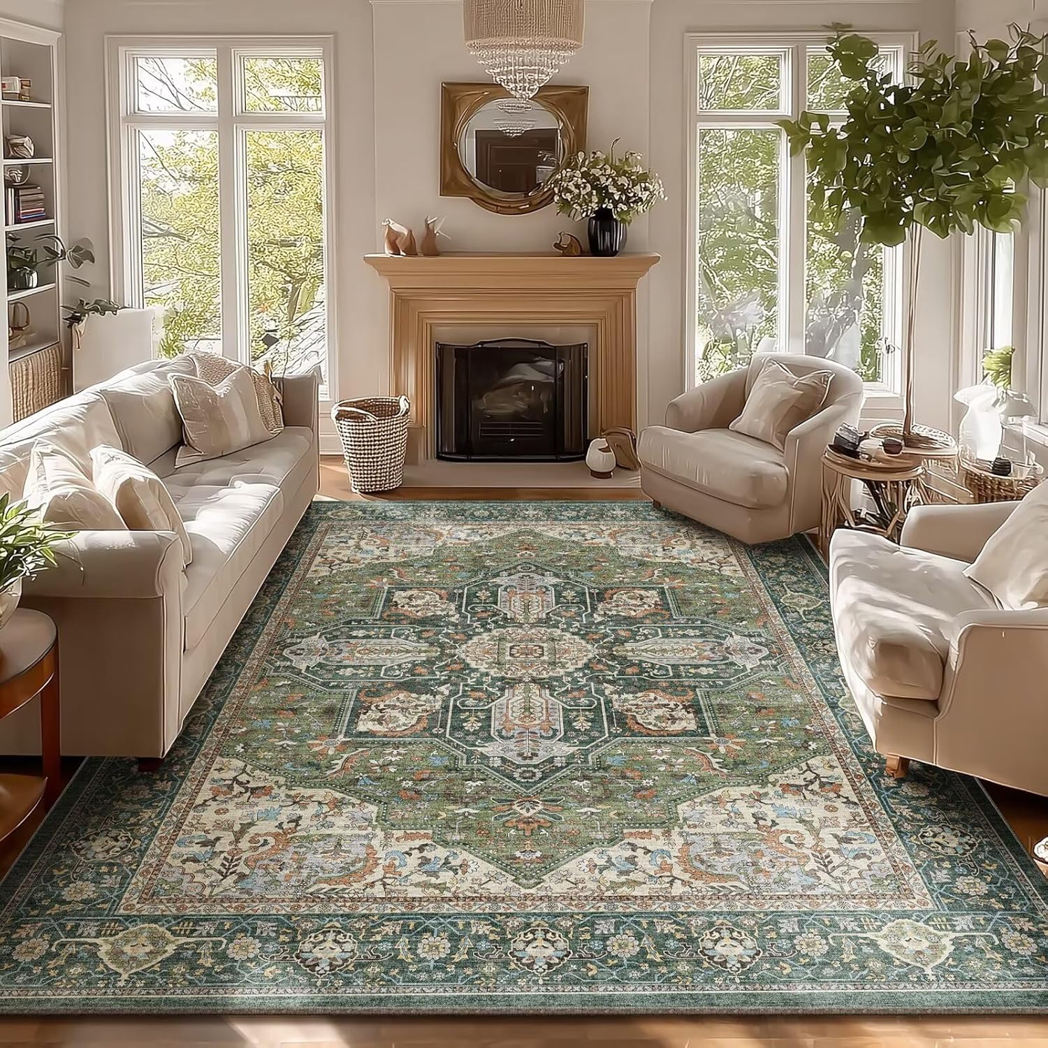 8x10 Area Rugs for Living Room, Washable Boho Non-Slip Vintage Distress Large Rugs for Bedroom Dining Room Nursery Office, 0.3" Neutral Oriental Throw Thin Carpet, Green/Multi