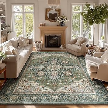 8x10 Area Rugs for Living Room, Washable Boho Non-Slip Vintage Distress Large Rugs for Bedroom Dining Room Nursery Office, 0.3" Neutral Oriental Throw Thin Carpet, Green/Multi