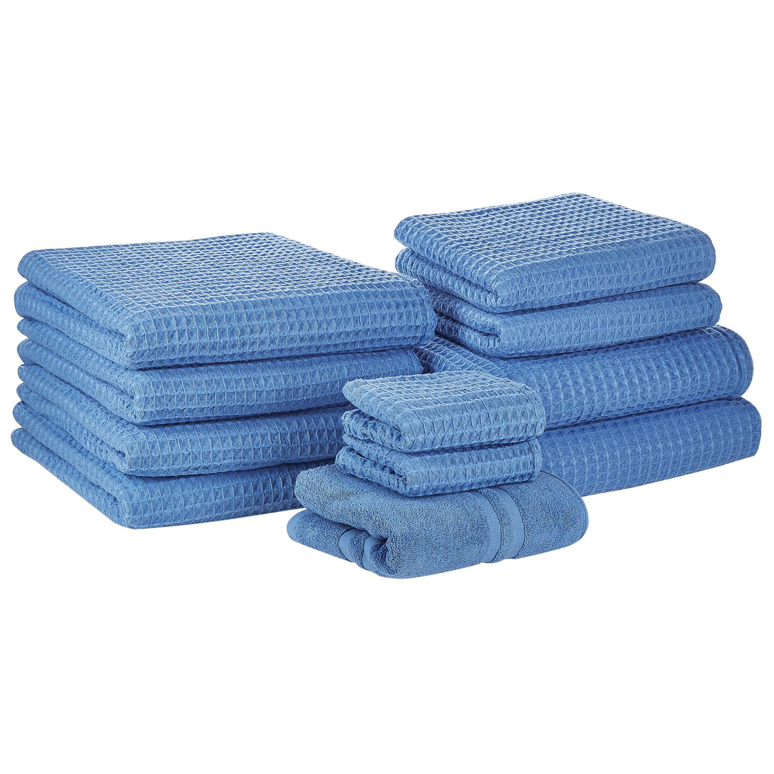 Beliani Conjunto de 11 Toallas Toalla de baño y Alfombrilla de baño de algodón Azul Low Twist para Invitados Areora