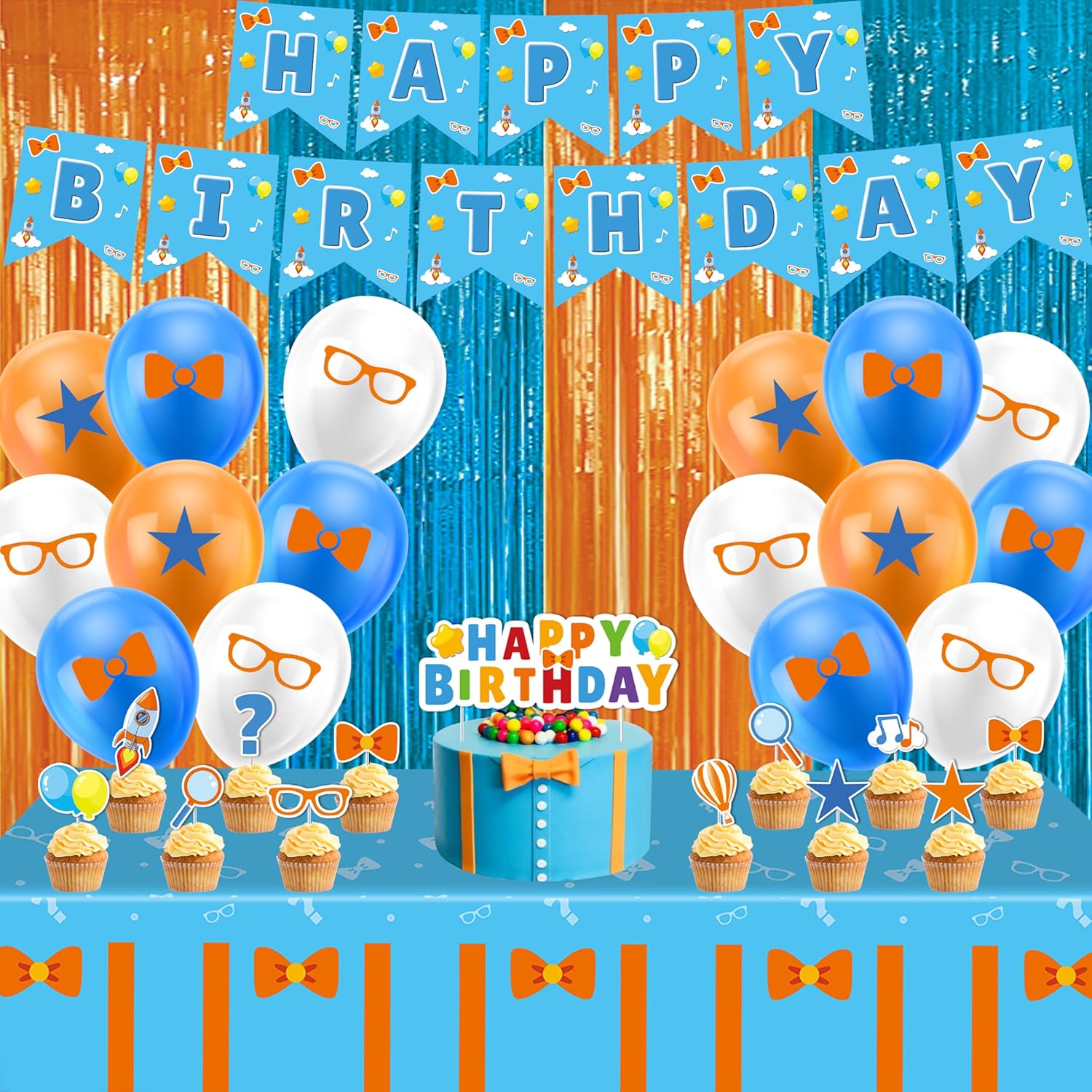 53PCS Cartoon Birthday Party Supplies Party Decorations Set Include Banner, Balloons, Tinsel Foil Fringe Curtains Cake Cupcake Toppers Tablecloth Teacher Themed Party Supplies