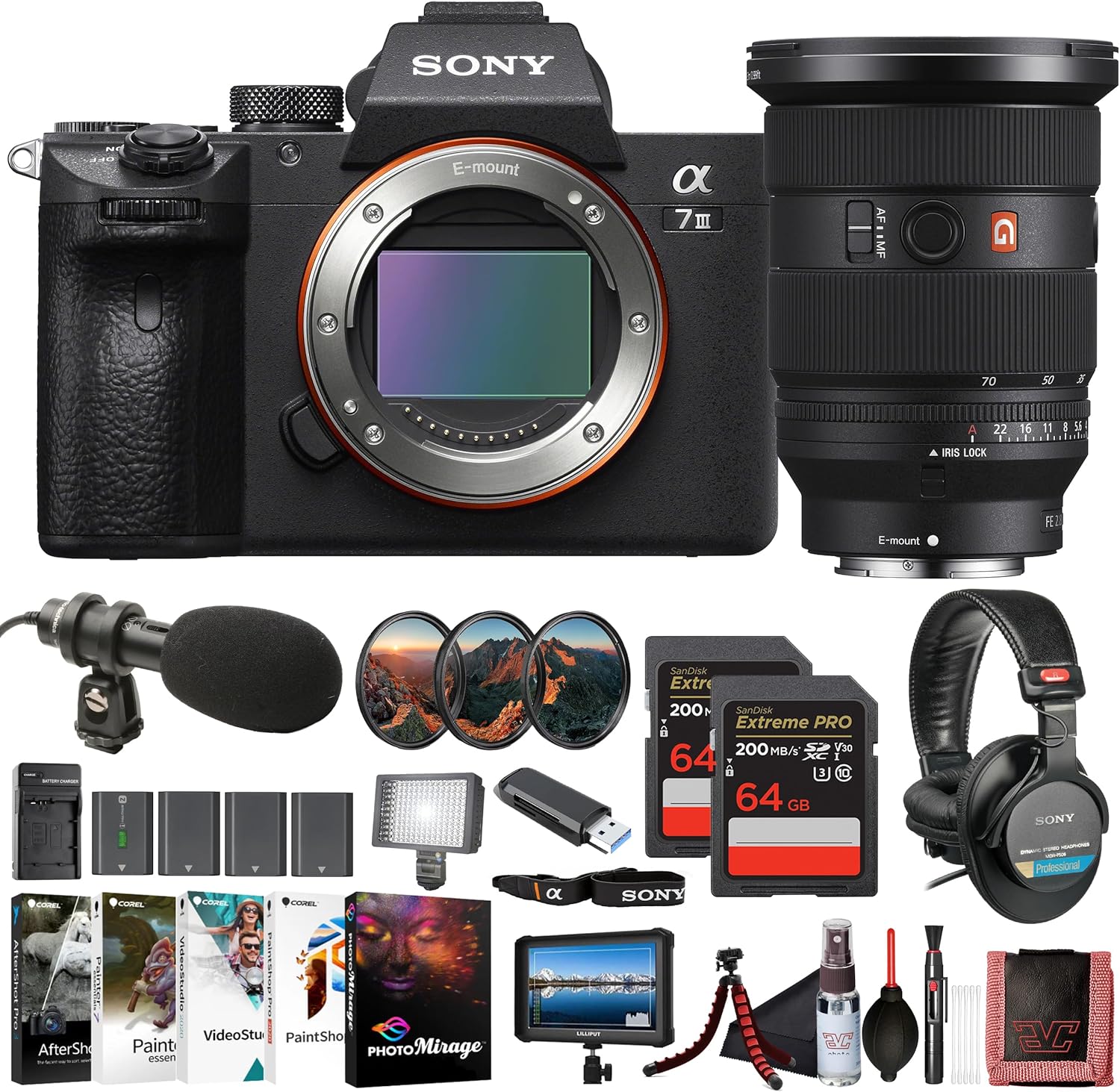 Sony α7 III Full-Frame Mirrorless Camera Body (ILCE-7M3/B) – 24.2 MP BSI Sensor, 4K HDR Video | FE 24-70mm Lens, 4K Monitor, Pro Headphones, Pro Mic, 2 x 64GB Card, 3 x NP-FZ-100 Battery, and More