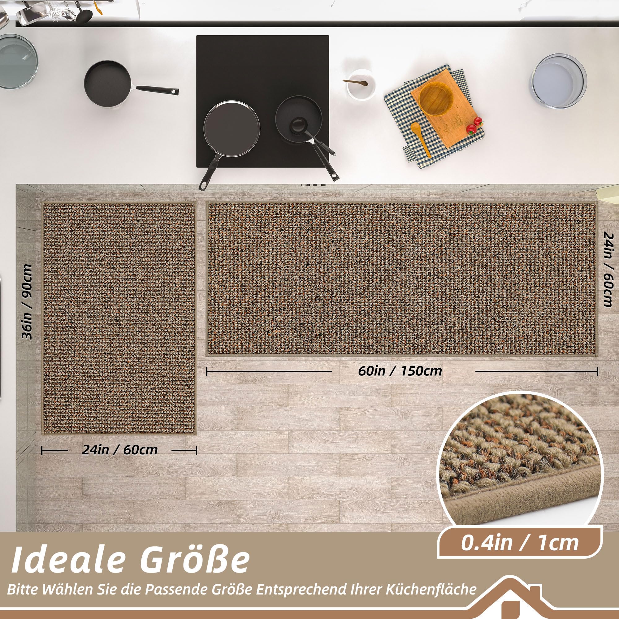 BEQHAUSE küchenteppich, Waschbar, TPR rutschfest, 60x89cm+60x152cm, Beige