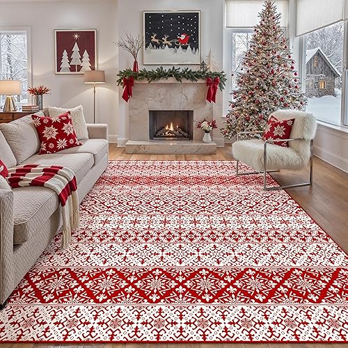 Miniatura 30 de Alfombra de área de Navidad 5 x 7 pies, copos de nieve rojos, alfombra decorativa festiva para sala de estar, dormitorio, alfombra antideslizante