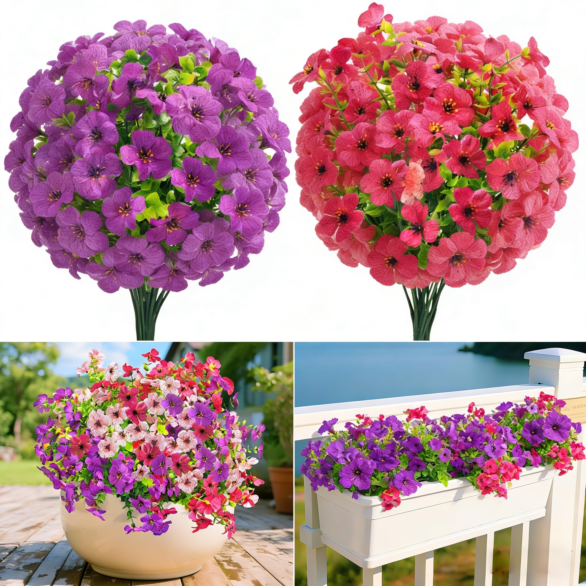 Artificial Flowers Outdoor 168 Fake Flowers, 8 Bundles UV Resistant Plastic Faux Silk Flowers Bouquet, Decorative Artificial Flowers Plants for Garden Porch Window Front Door Indoor Home Decoration