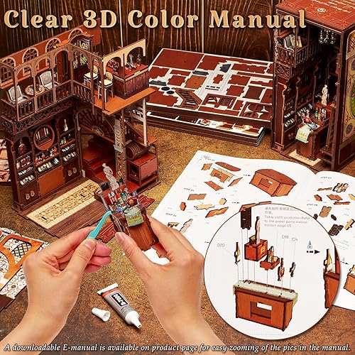 Miniatura 5 de Kit de rincón de libros, kit de bricolaje en miniatura para casa de muñecas, rompecabezas de madera 3D, estante de libros con luz LED para