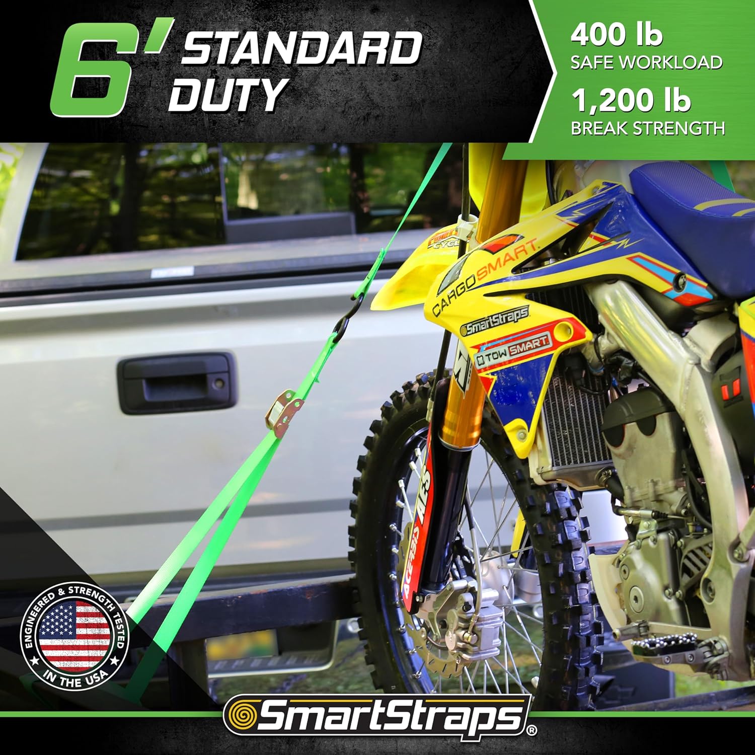 SmartStraps 6’ Cambuckle Tie Down, 2 Pack — Standard Duty Tie-Down Ratchet Straps — 1,200lb Break Strength, 400lb Safe Work Load — Ideal for Tying Down Dirt Bikes, ATVs and Mowers - Image 2