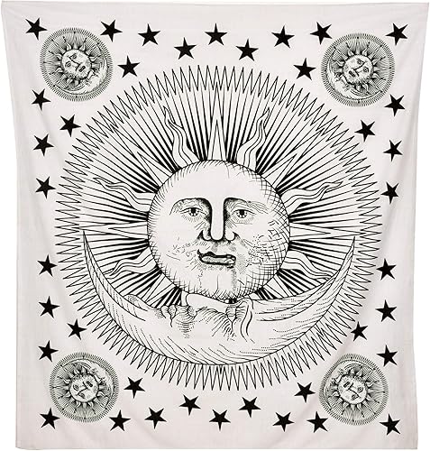 ANJANIYA Tapiz de mandala teñido anudado, diseño de sol, luna celestial, planeta, bohemio, tarot, tapiz bohemio para colgar en la pared, para Blanco