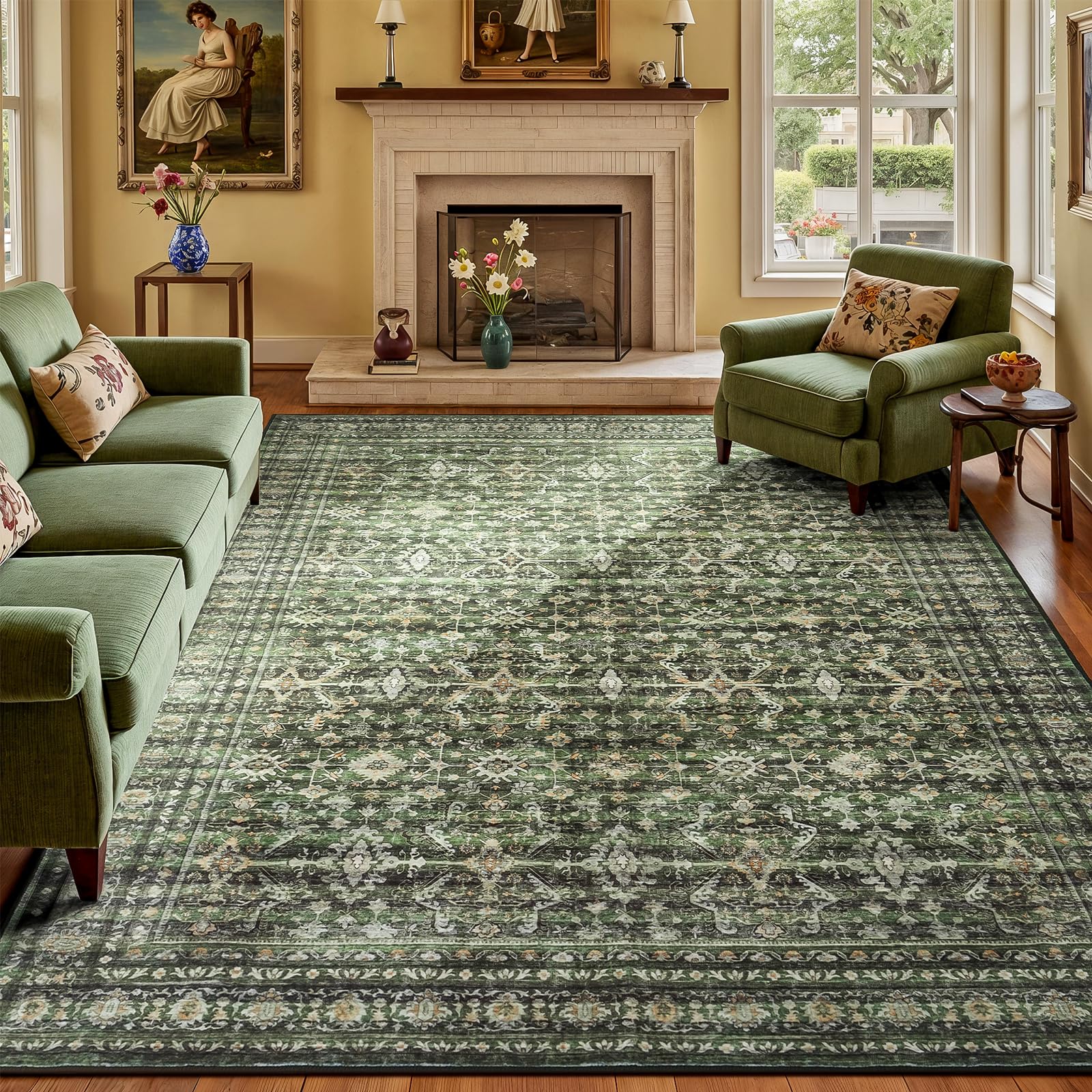 lofus 8x10 area rug for living room,green washable large rugs with non-slip backing,soft boho carpets for bedroom dining room home office indoor nursery