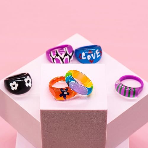 Miniatura 4 de Fablinks 10 anillos acrílicos surtidos para niñas, anillo de resina gruesa para mujer, acrílico Y2K apilable, lindos anillos cuadrados de moda,