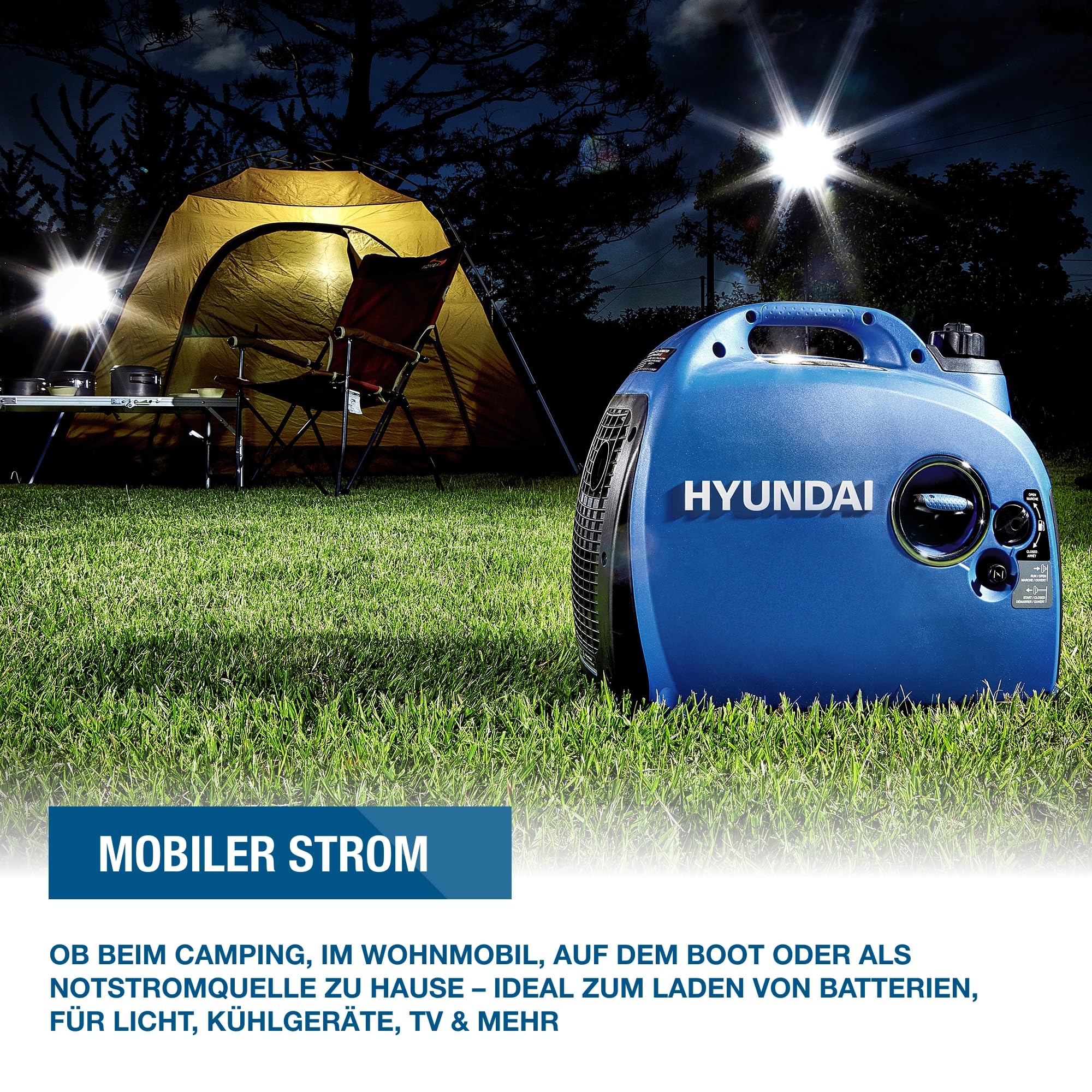 HYUNDAI Inverter Stromgenerator HY2300Si D | Stromerzeuger mit 2.2 kW max. Leistung, Benzin Notstromaggregat, leise, leicht und sparsam