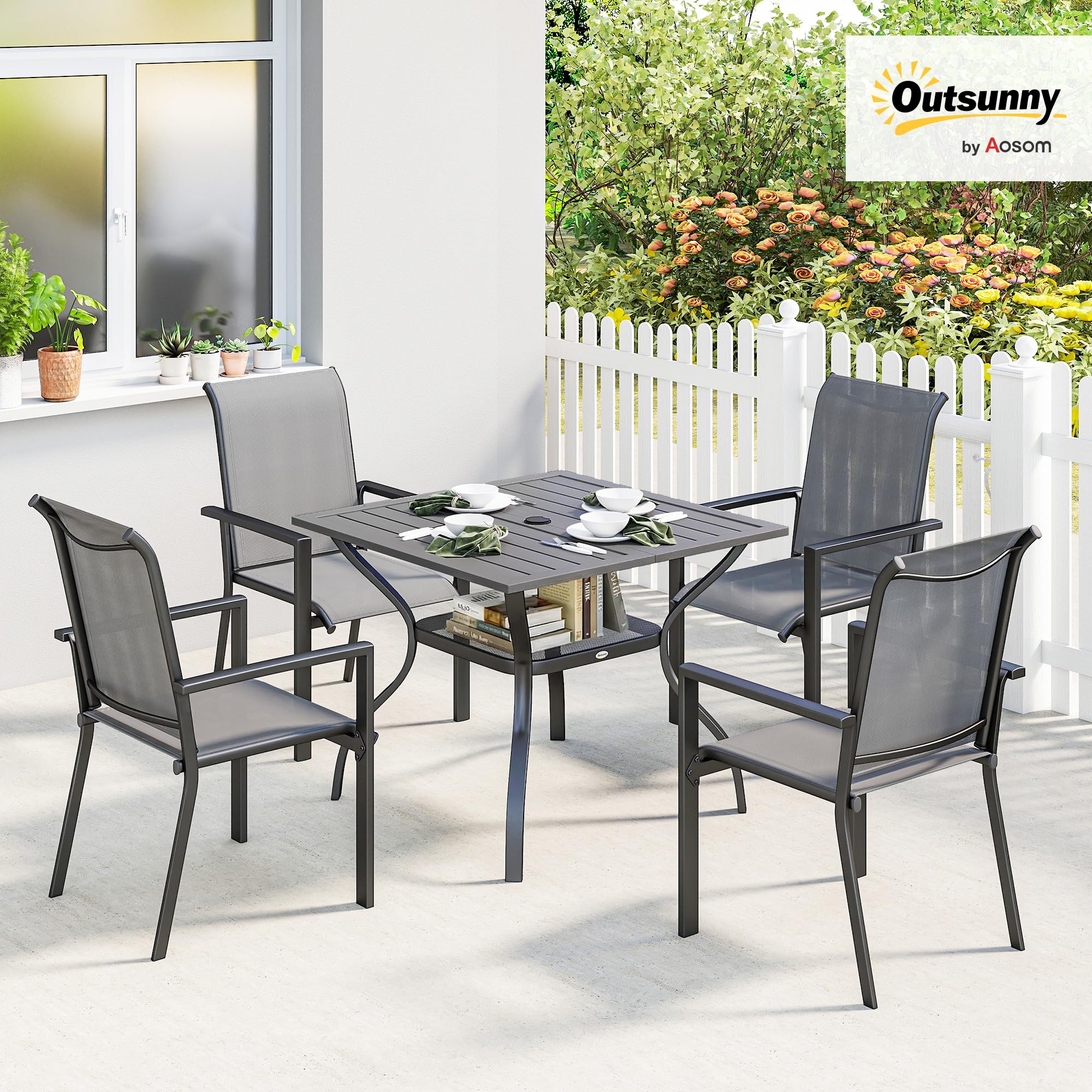 Outsunny Set Tavolo e Sedie da Giardino 5 Pezzi, Set da Pranzo con Tavolo, Foro per Ombrellone, 4 Sedie Impilabili in Texteline, Struttura in Acciaio, Set Mobili da Giardino per Terrazza Patio, Grigio