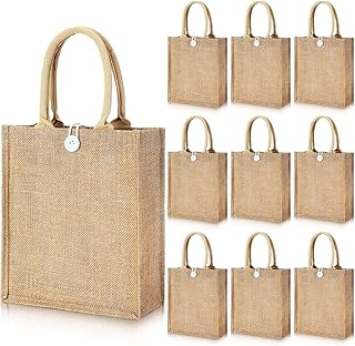 Shappy 10 Pcs Burlap Tote Bags with Handles and Button Bulk DIY Blank Ca...