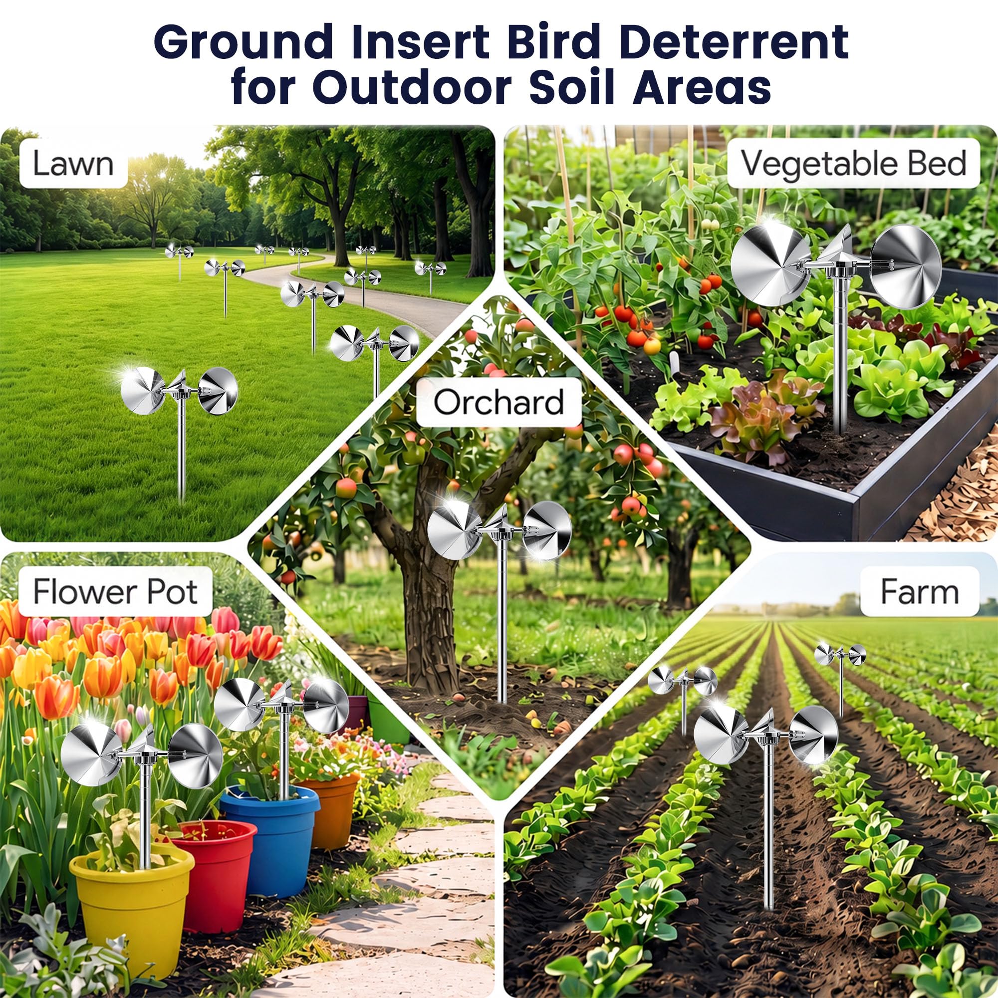 Reflektierende Vogelabwehrpfähle, windbetriebenes Aluminium, Vogelabwehr, für draußen, humane Abwehr aller Vögel, Tauben, Spatzen, Spechte für Hof und Garten, verstellbarer Hals, 2 Stück
