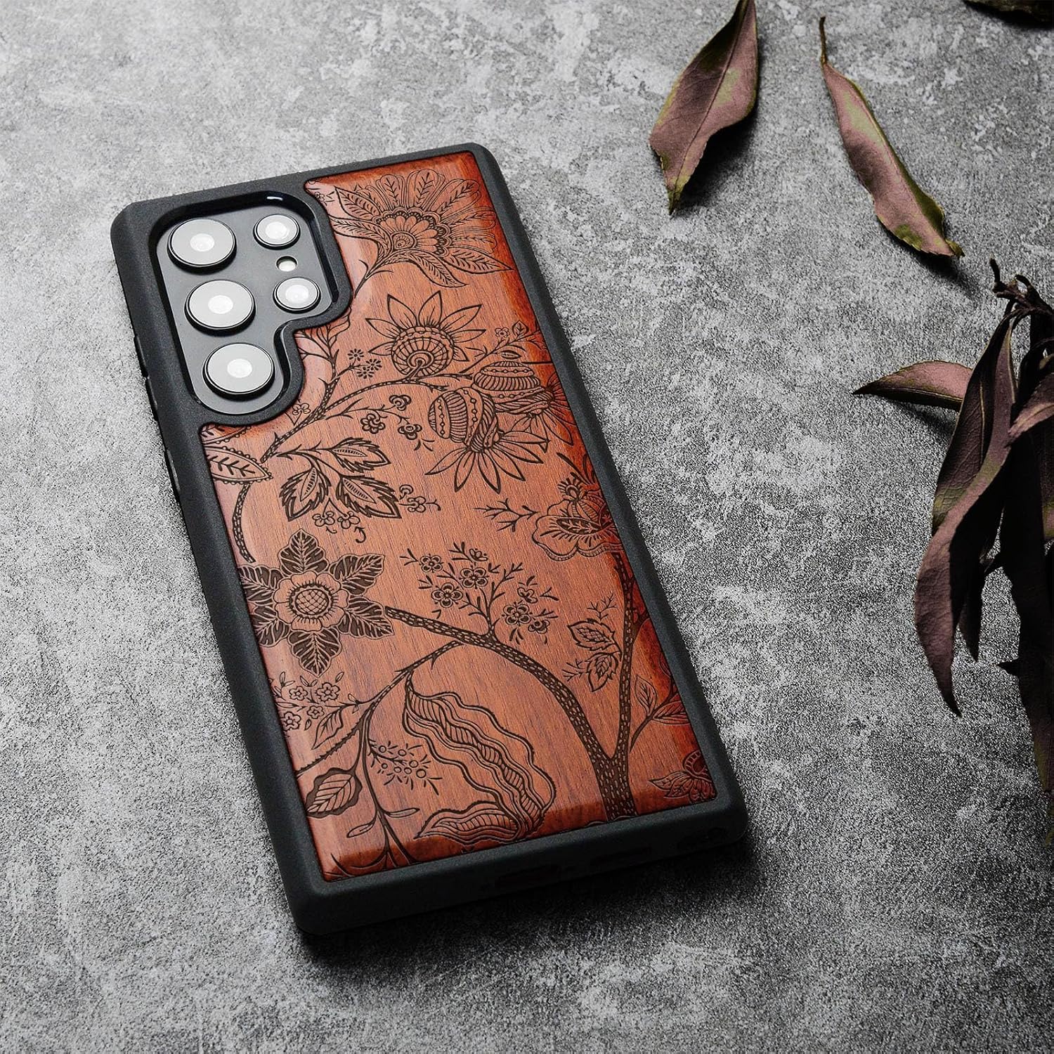 Carveit Wood Case for Galaxy S22 Ultra Case [Natural Wood & Black Soft TPU] Shockproof Protective Cover Unique Wooden Design Compatible with Samsung S22 Ultra (Floral Wallpaper-Rosy)