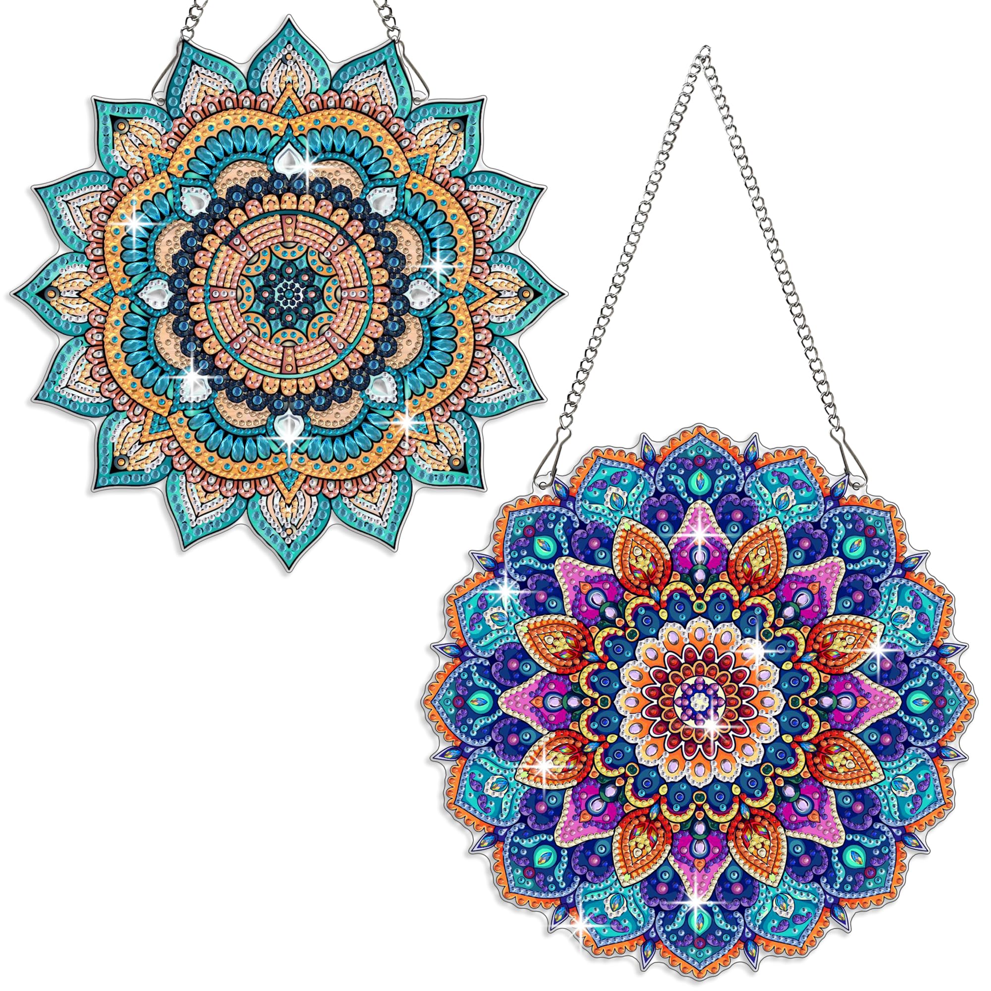 Fokenzary Adult 5D Diamond Painting Set with Chain Hanging Decoration Mandala DIY Special Crystal Gem Painting Decoration(24 * 24cm*2pcs)
