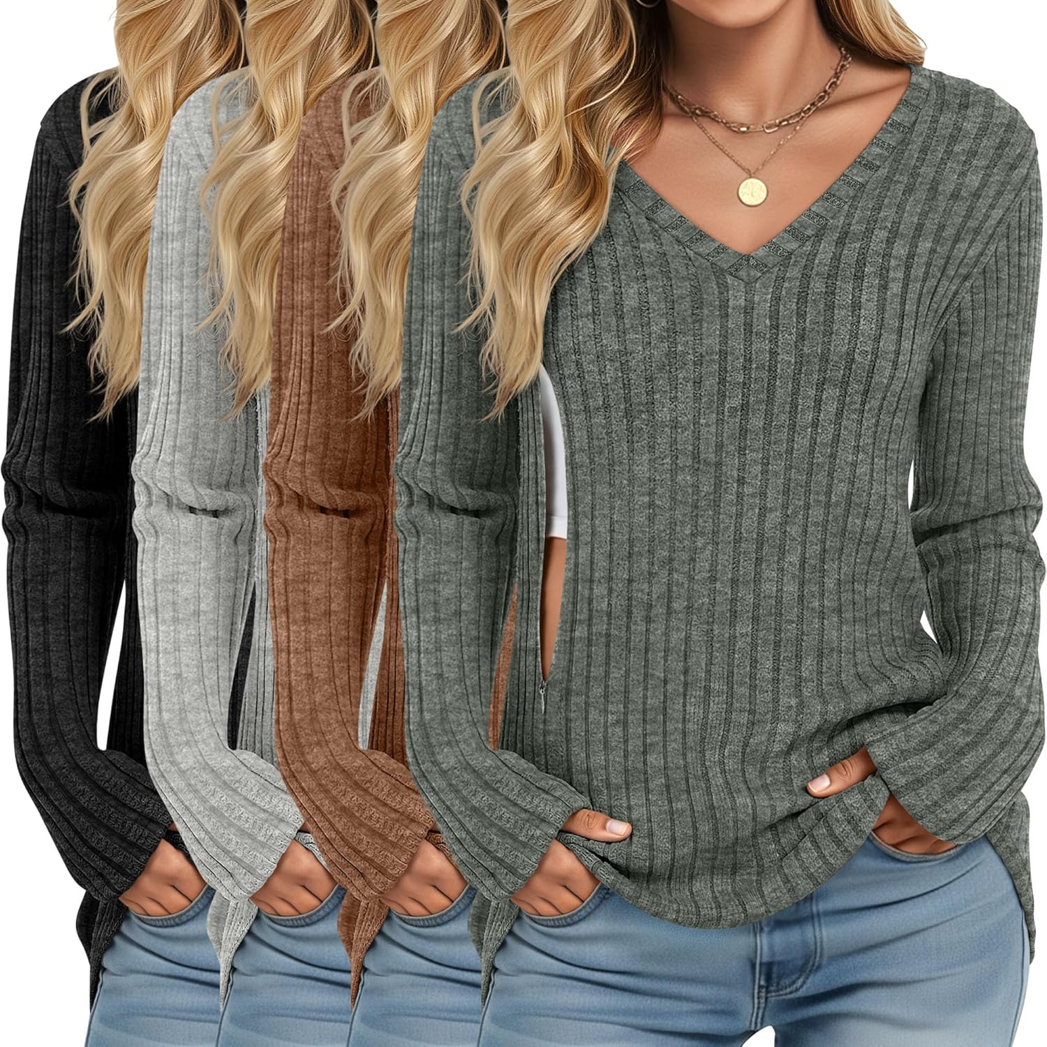 Yearntown 4 Pack Women's Maternity Nursing Tops, V Neck Breastfeeding Sweaters Long Sleeve Hidden Zipper Shirts