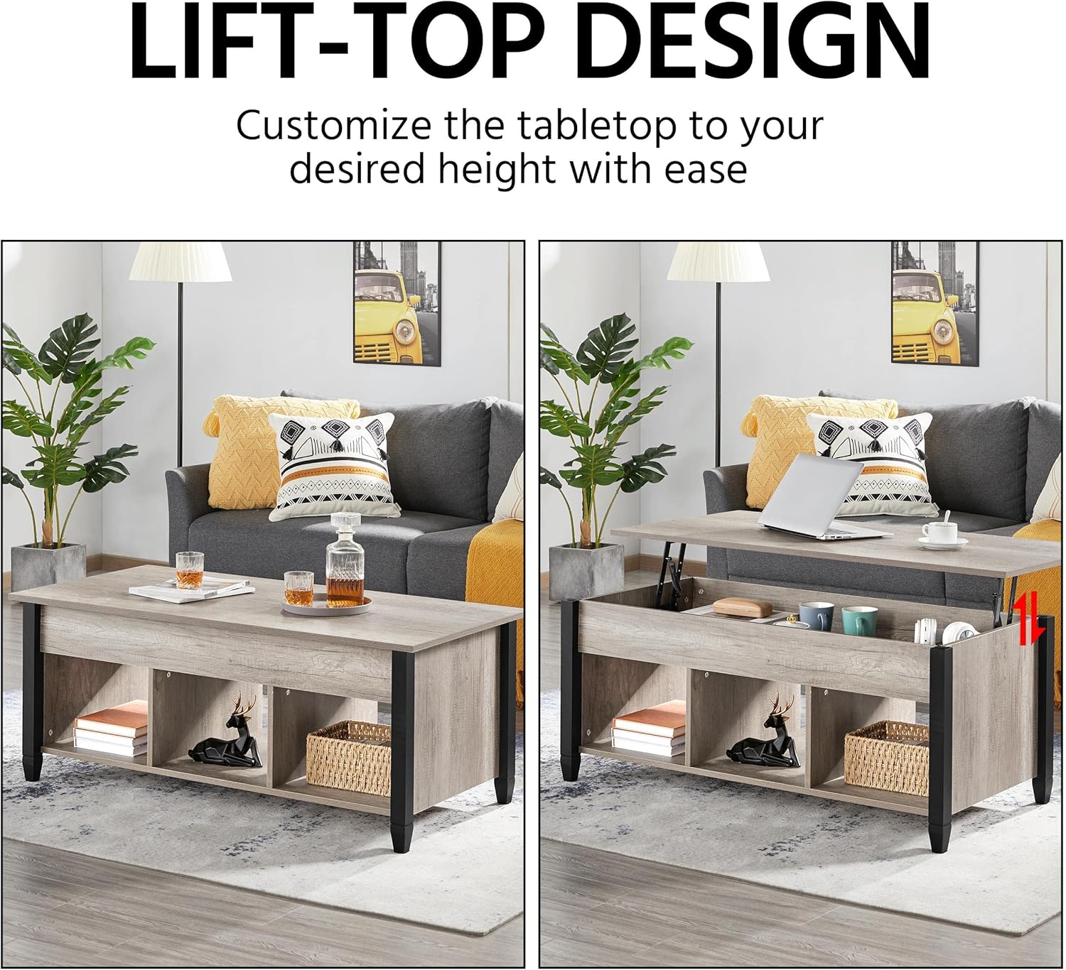 Yaheetech 47.5in Lift Top Coffee Table with 3-Tier Sofa Side End Table, Wood Coffee Table w/Hidden Compartment and 2pcs End Table with Shelf, 3-Piece Living Room Table Sets, Grey : Home & Kitchen