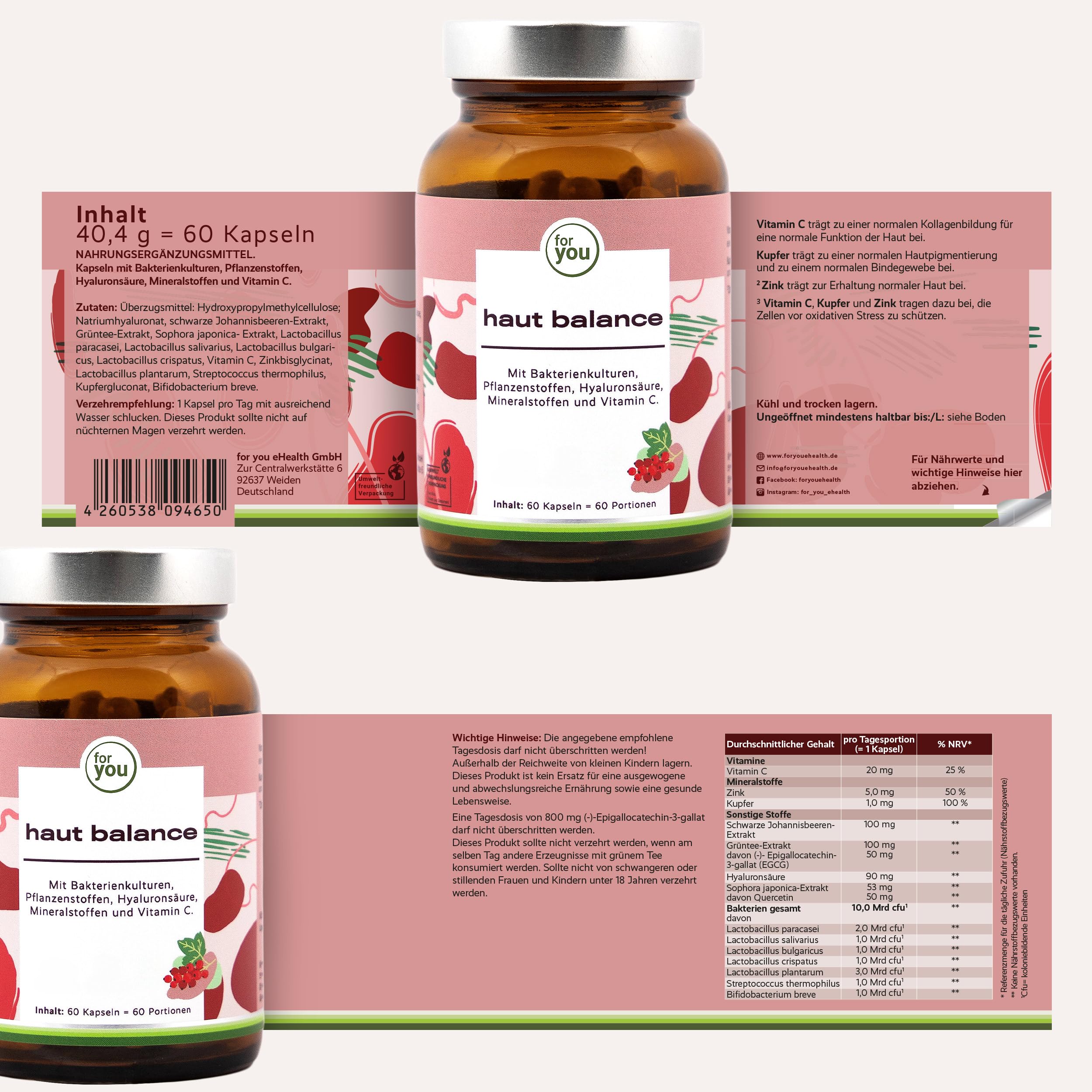 for you haut balance – 120 Kapseln mit MitoBeauty®, Hyaluronsäure, Pflanzenstoffen, Mineralstoffen und Vitamin C – mit Kupfer und Zink – vegan