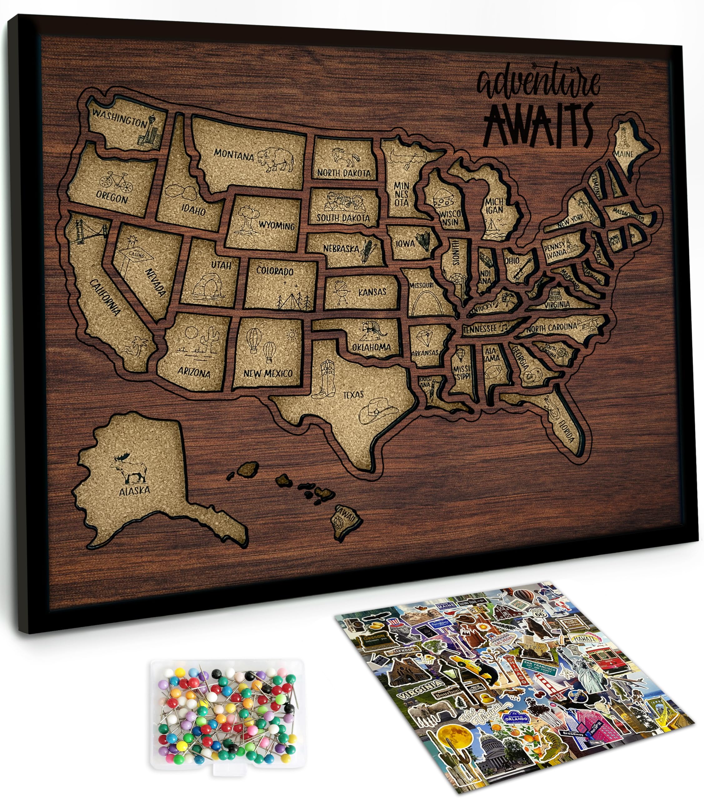 Carte de voyage des États-Unis avec épingles tableau moyen flinelife